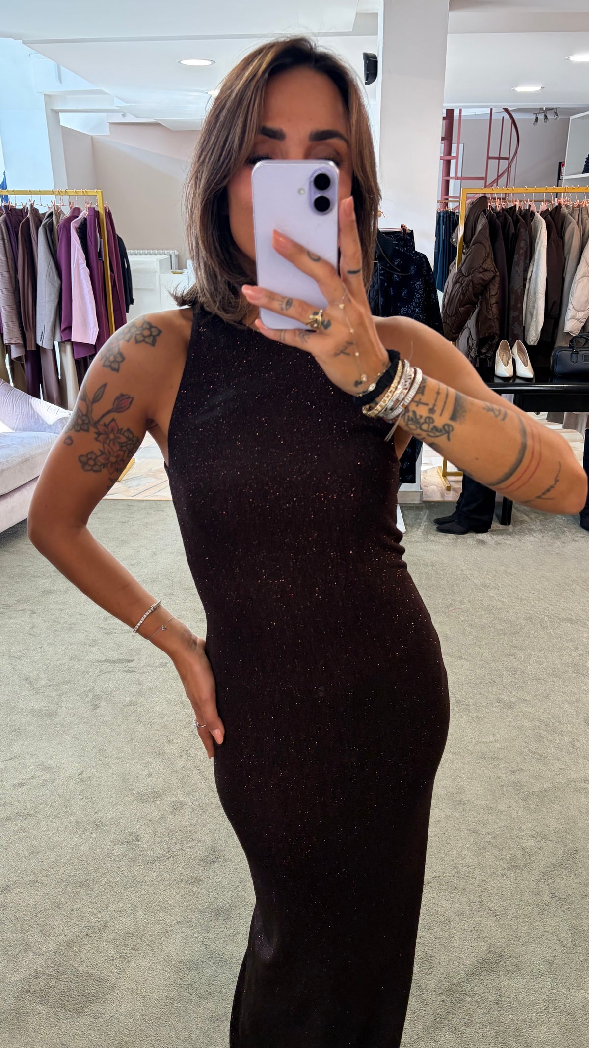 Abito lungo marrone lurex scollo all'americana ks