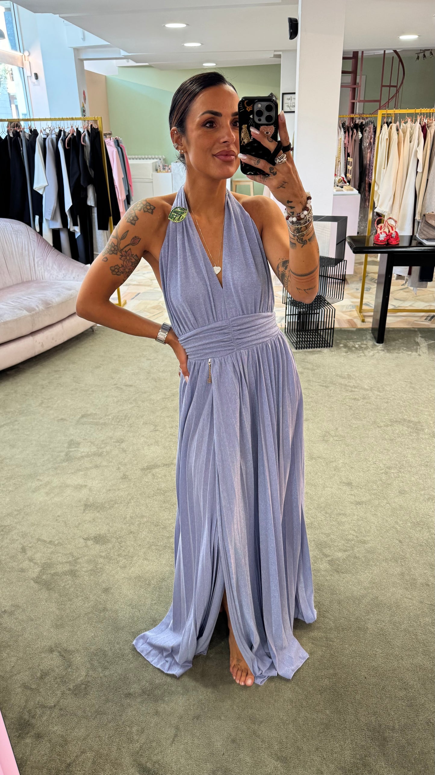 Abito lungo lavanda in maglia lurex plissettato con body fr