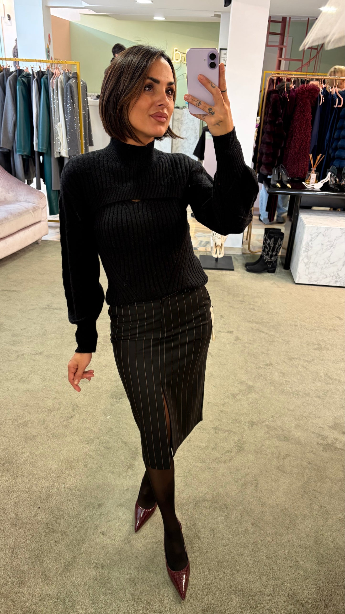 Gonna longuette MAR DE MARGARITAS nera gessata con spacco