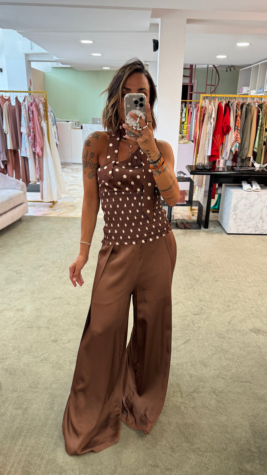 Pantaloni marroni tabacco in satin con spacchi laterali fr