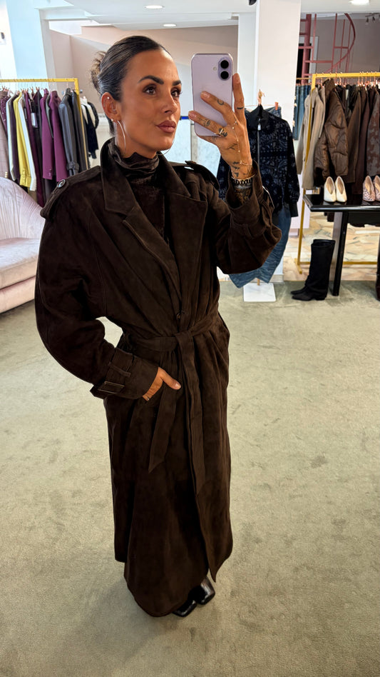 Trench marrone testa di moro lungo con cintura in pelle scamosciata Marsem