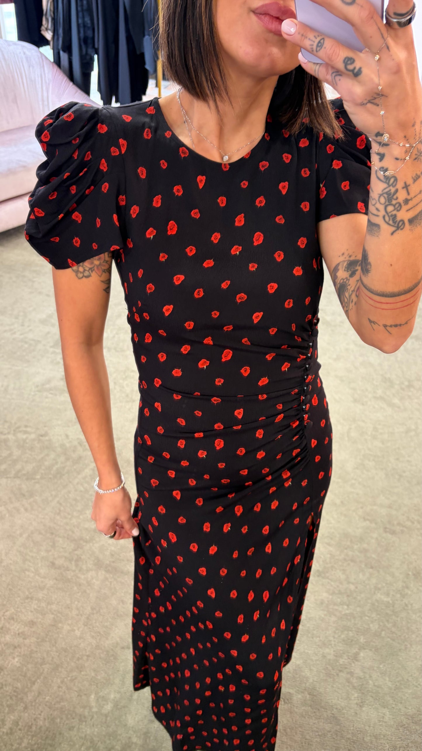 Abito kristel midi MAR DE MARGARITAS nero con fiorellini rossi