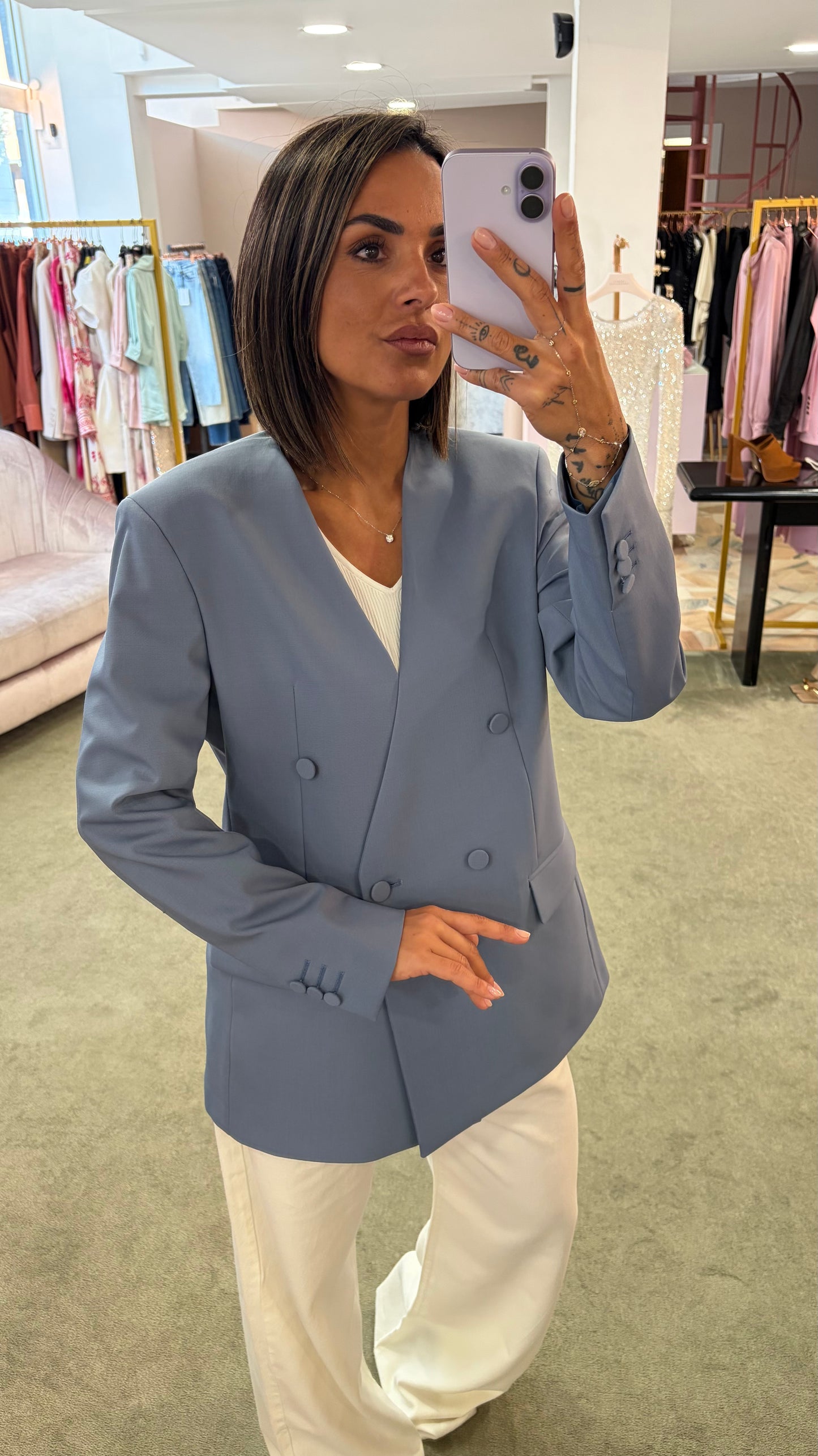 Blazer celeste doppiopetto senza rever Marsem