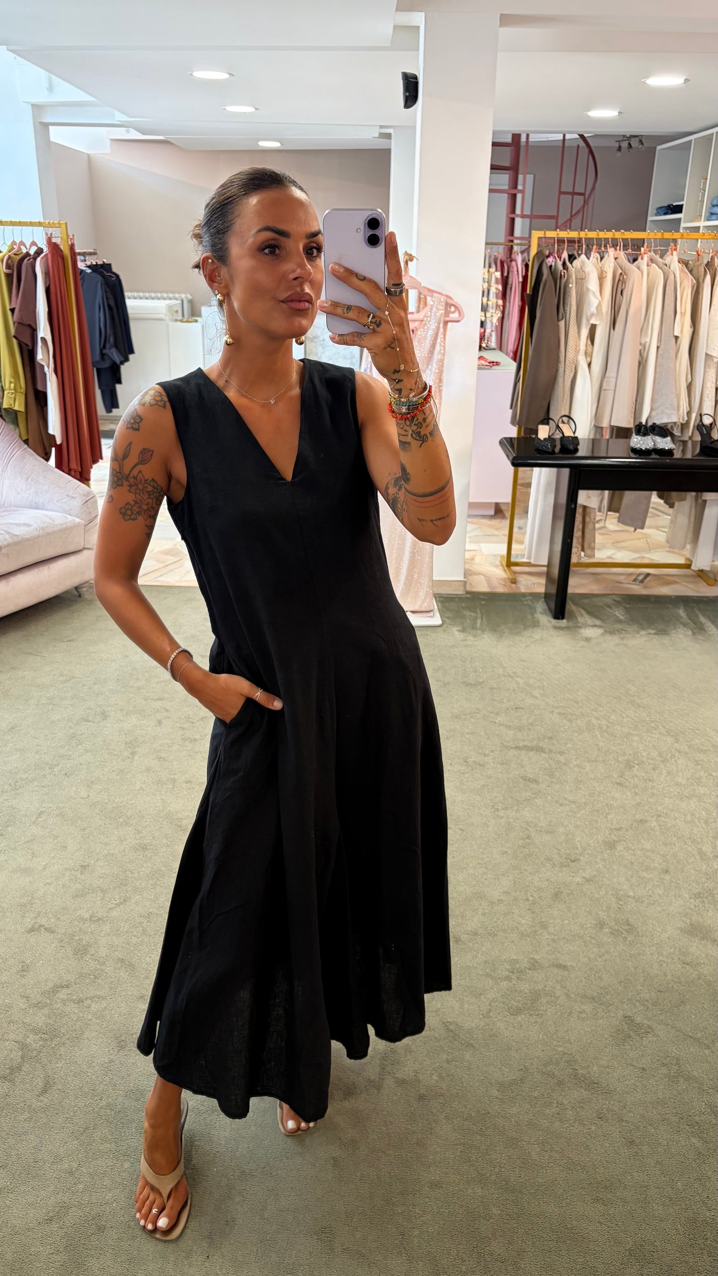 Abito midi nero scollo a v misto lino sl
