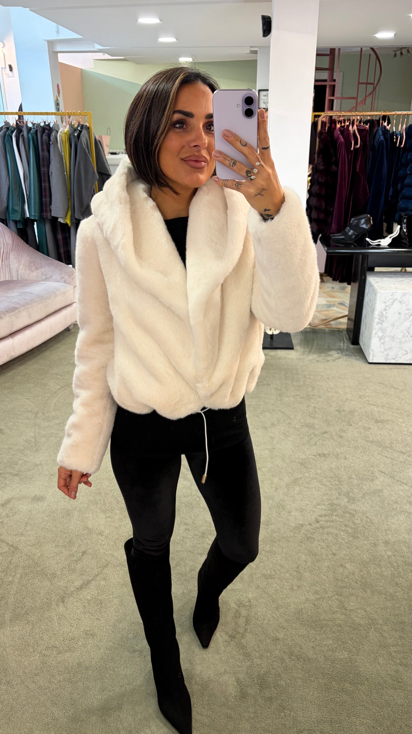 Pelliccia eco visone bianca luxury con cappuccio ys