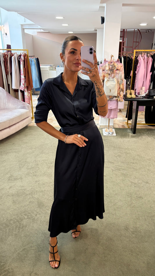 Abito lungo blu notte camicia satin con cintura ay