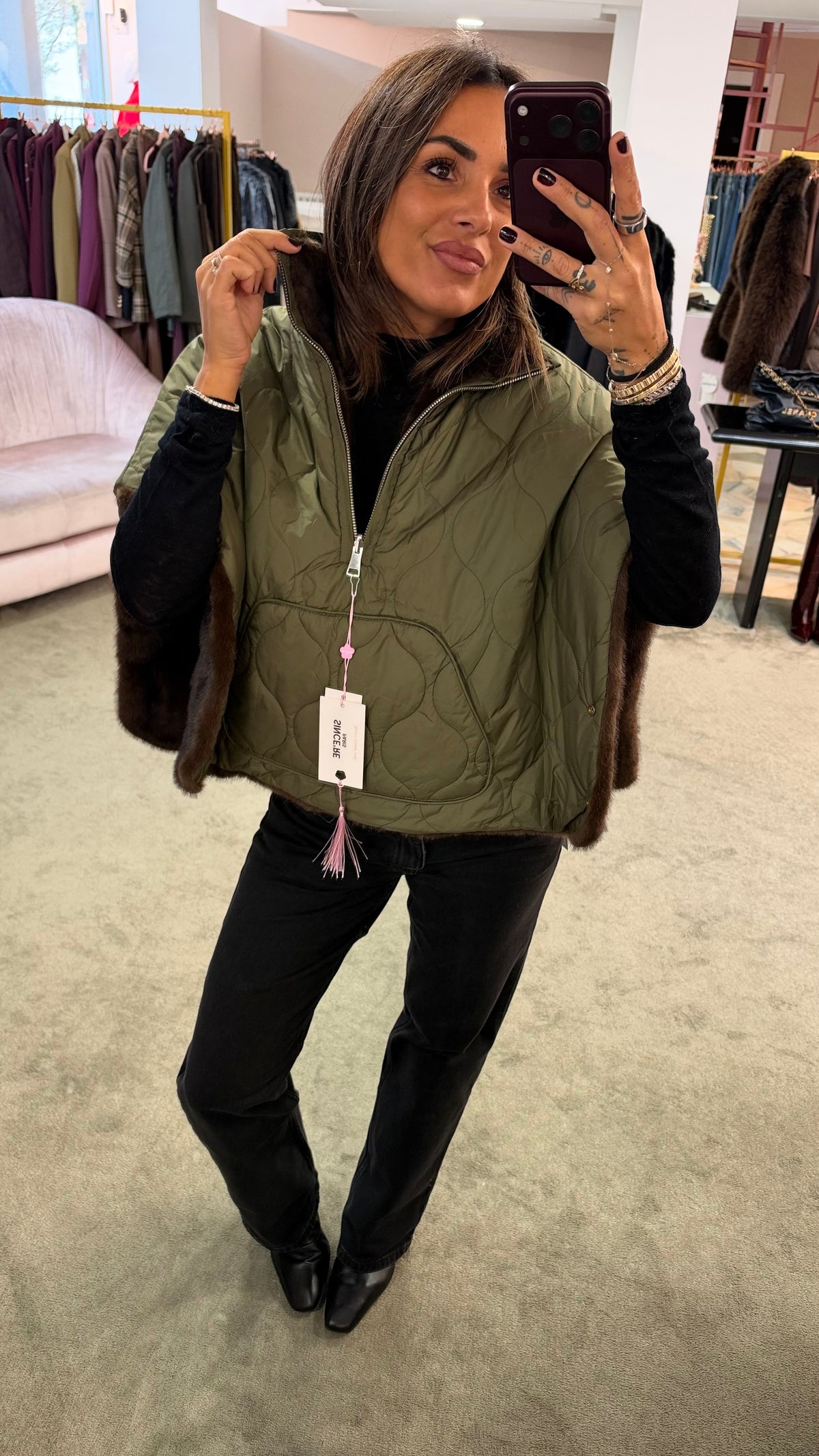 Cappa verde militare reversibile con eco pelliccia marrone sp