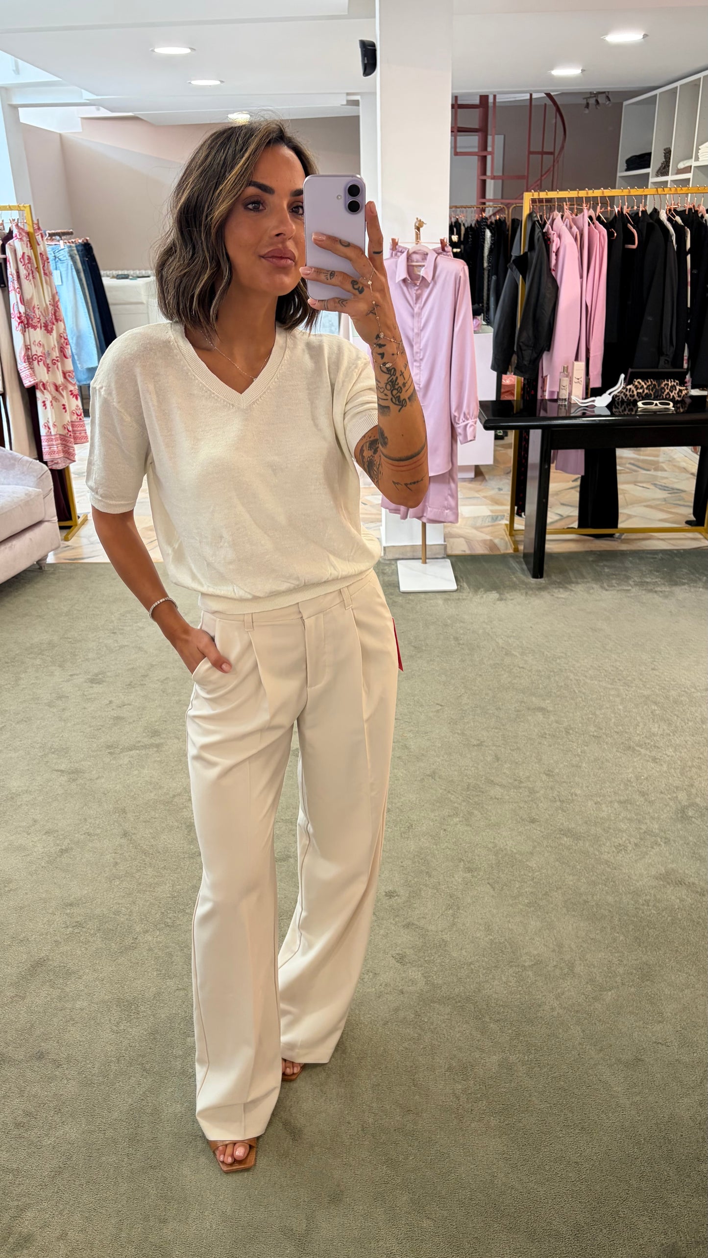 Maglia scollo a v panna manica corta glp