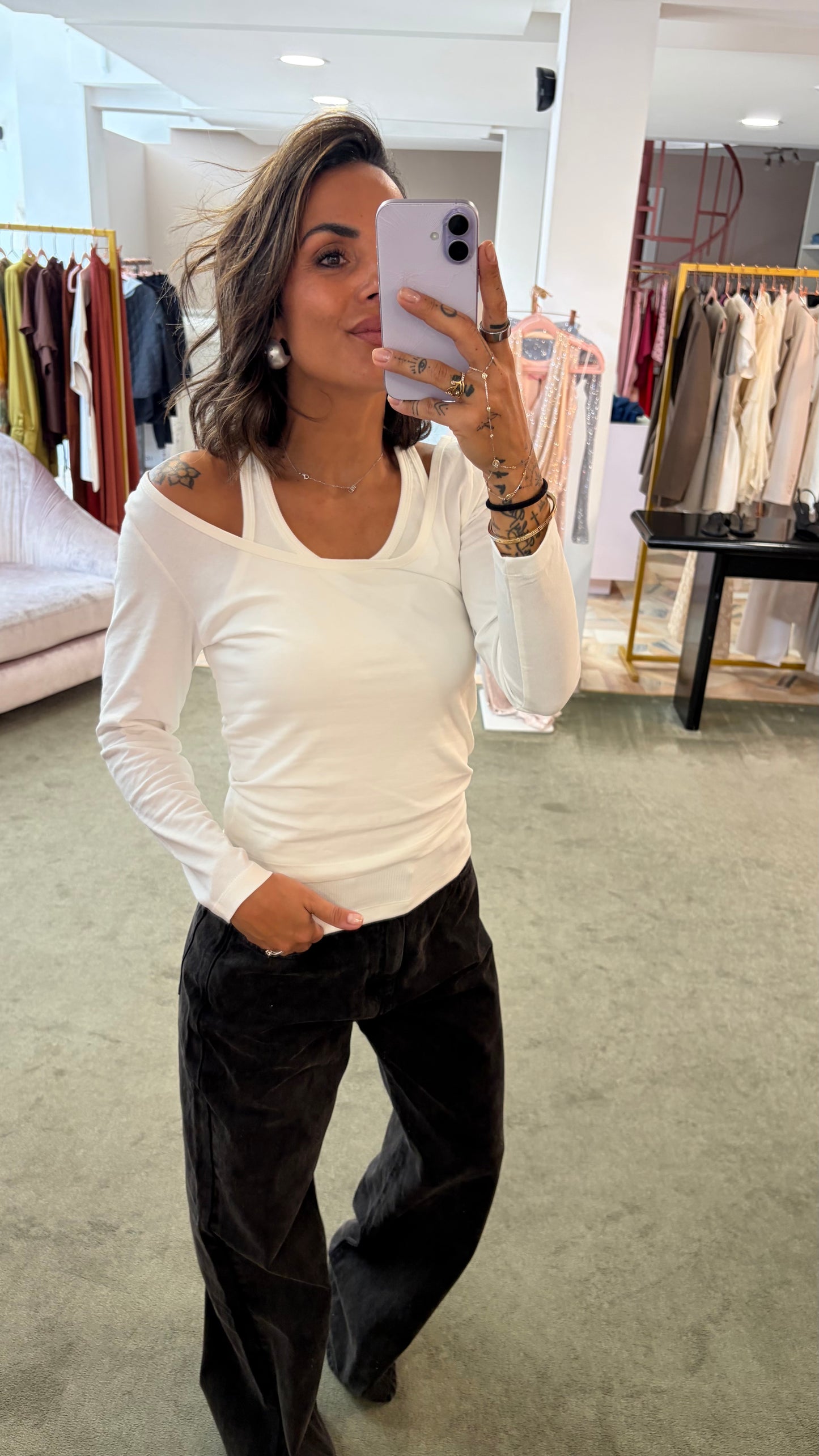 T-shirt bianca manica lunga con canotta incorporata Icon Denim