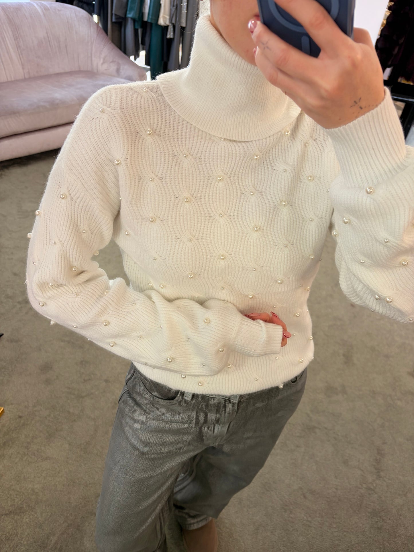 Dolcevita bianco a trecce con perle fr