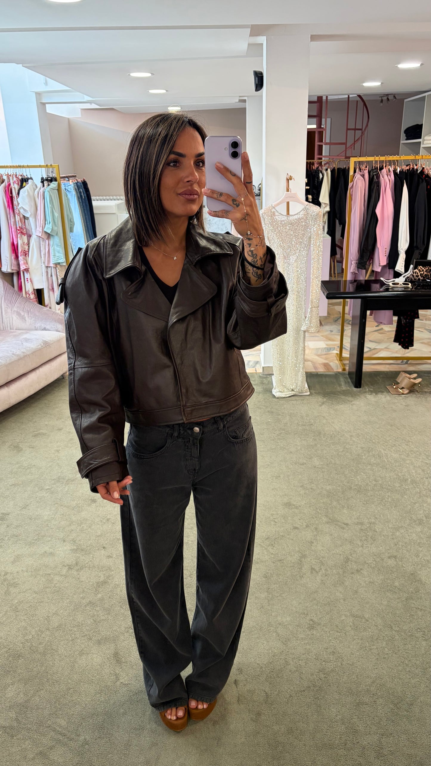 Giacca chiodo crop marrone in pelle vera Marsem