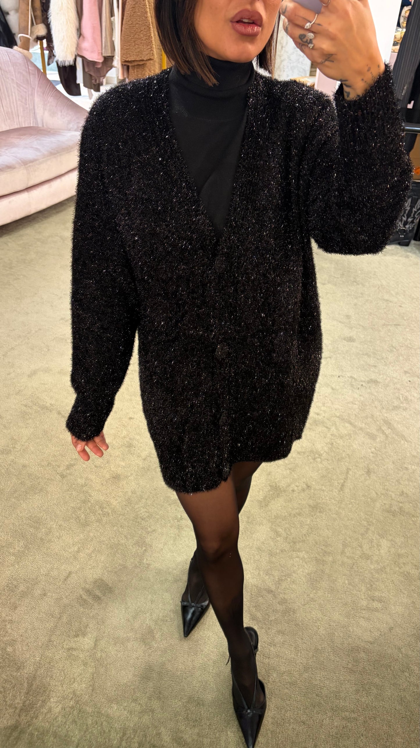 Cardigan oversize nero in lurex gl