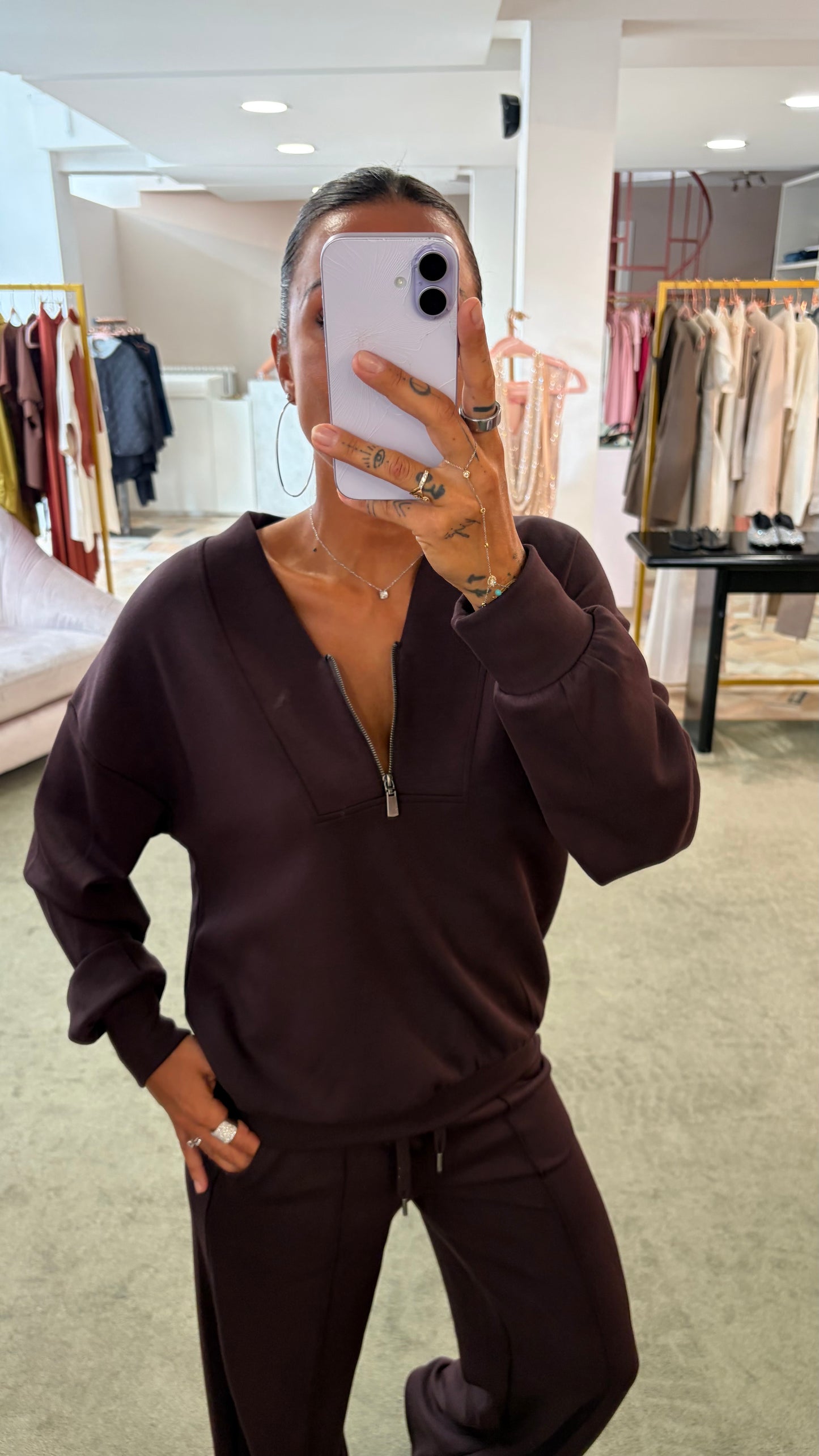 Felpa scollo a v con zip vinaccia bordeaux  in modal sy