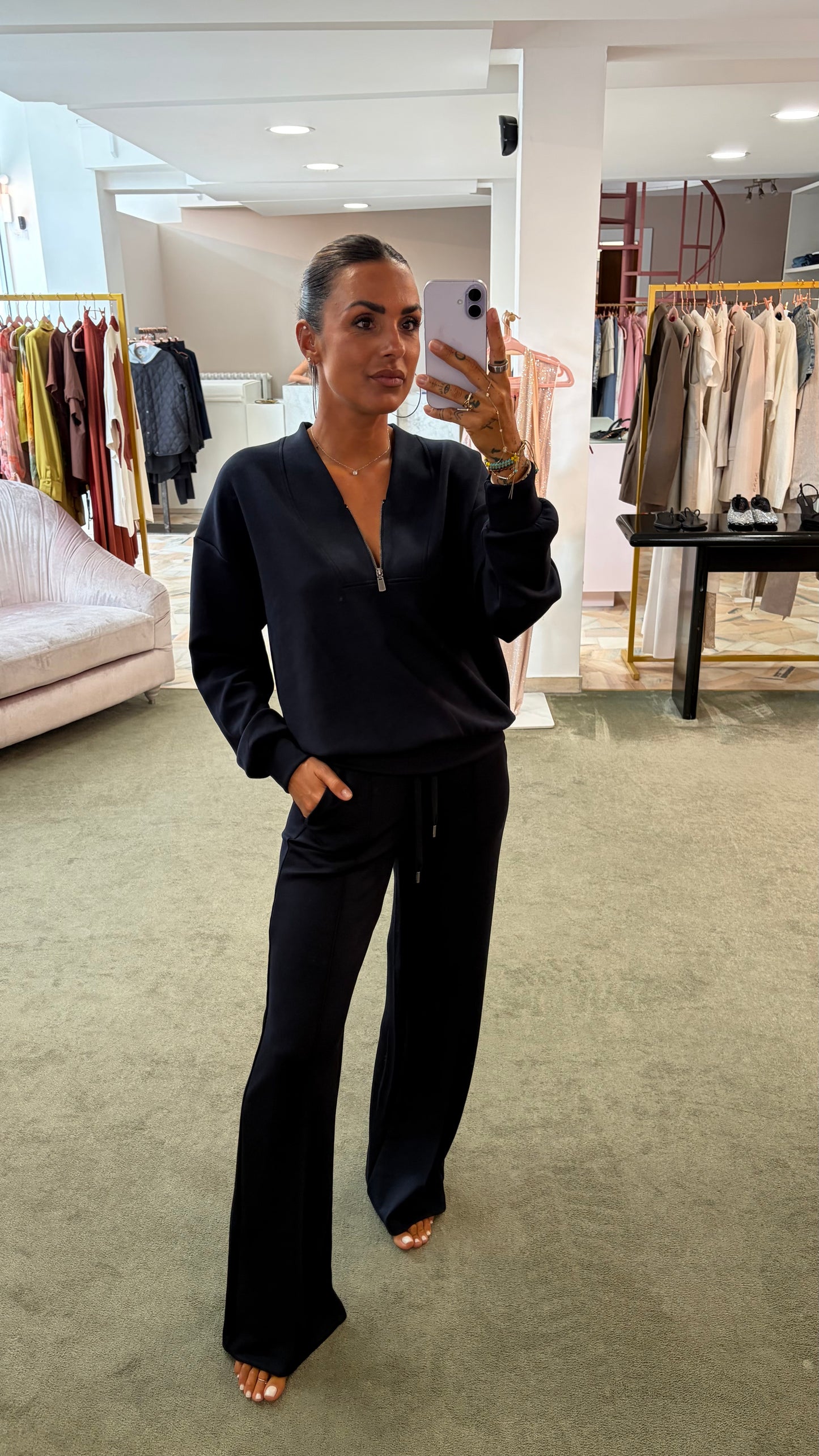 Felpa scollo a v con zip blu notte in modal sy