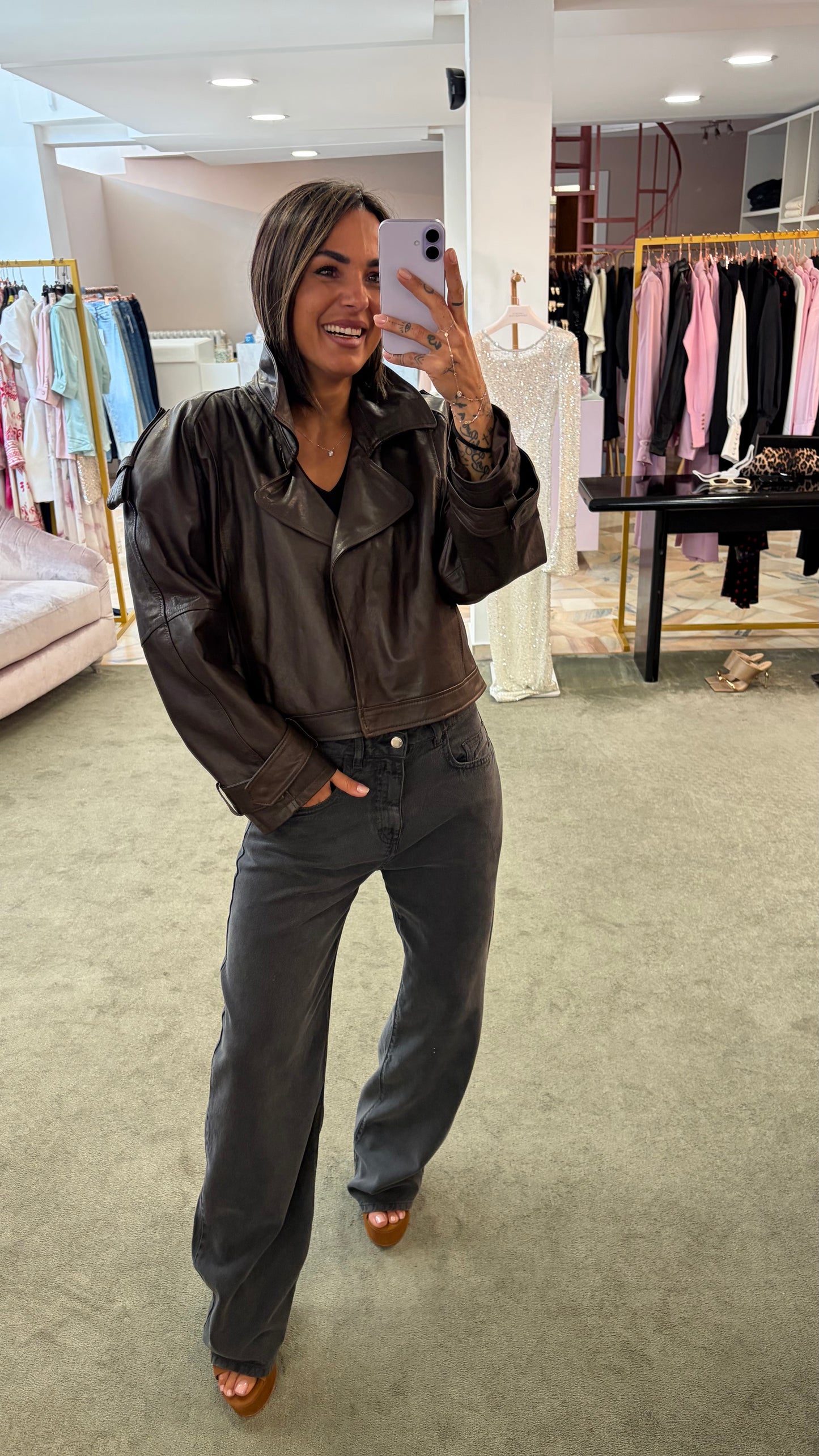 Giacca chiodo crop marrone in pelle vera Marsem