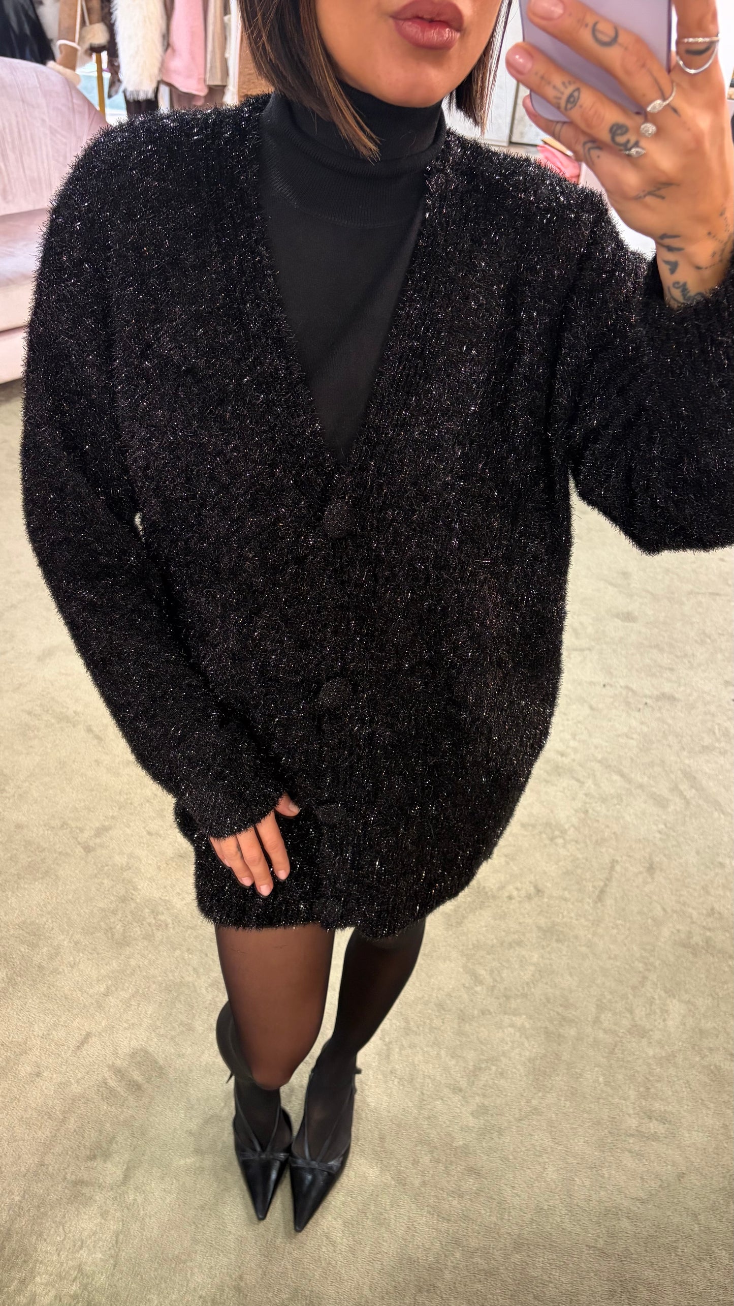 Cardigan oversize nero in lurex gl