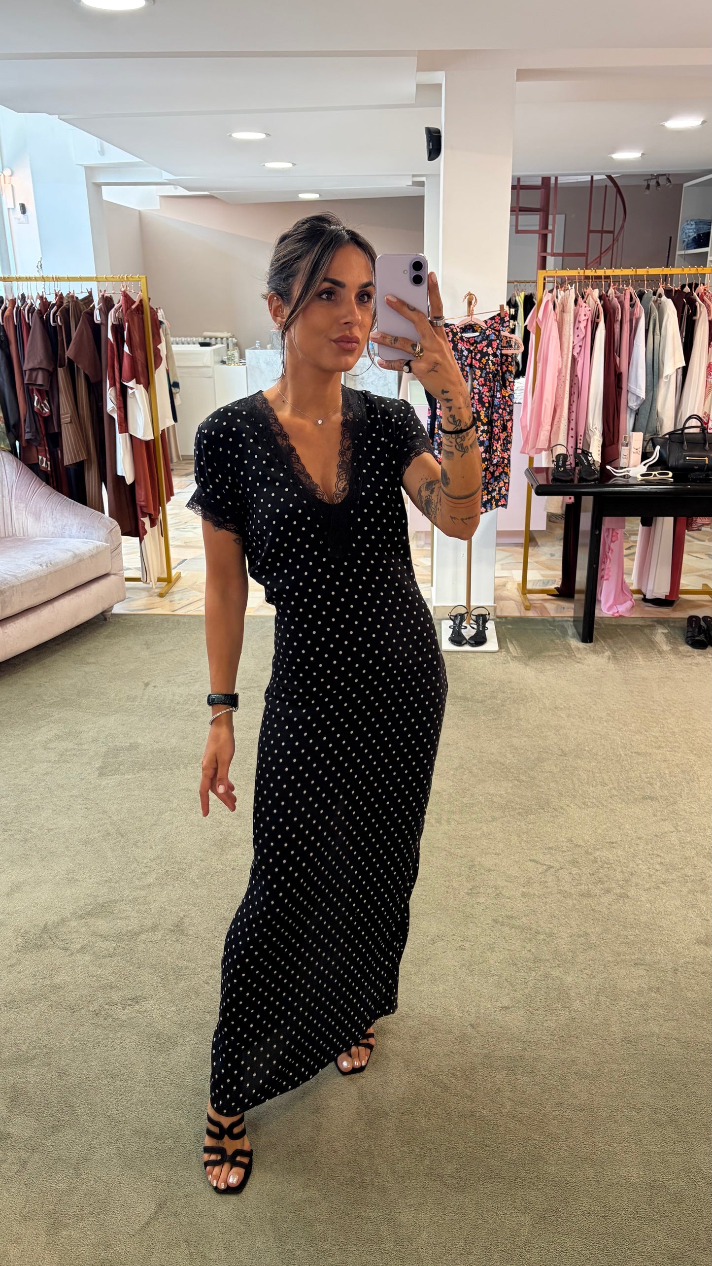 Abito raya midi MAR DE MARGARITAS nero a pois con pizzo