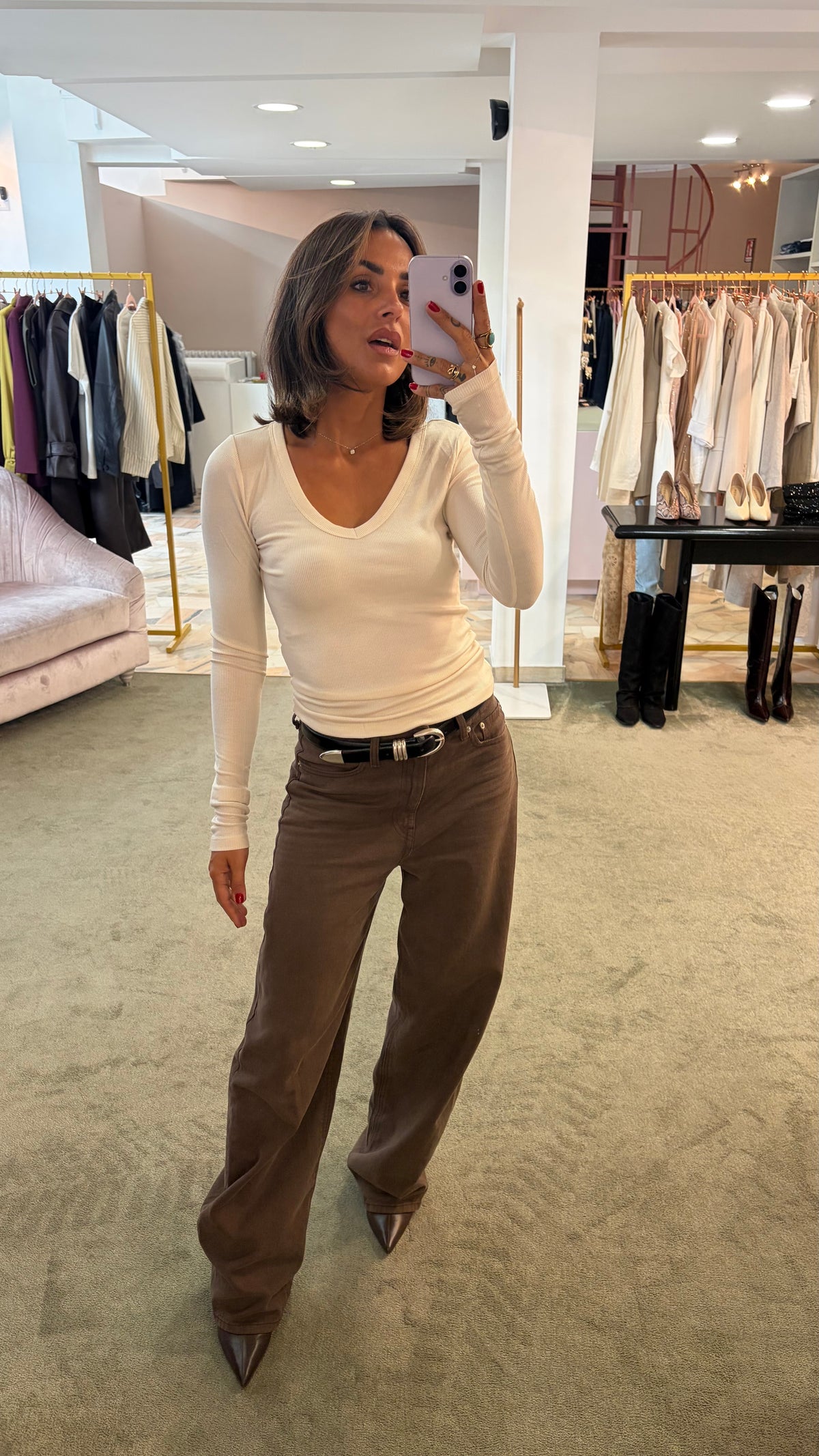 T-shirt dream crema scollo a v manica lunga a costine aw