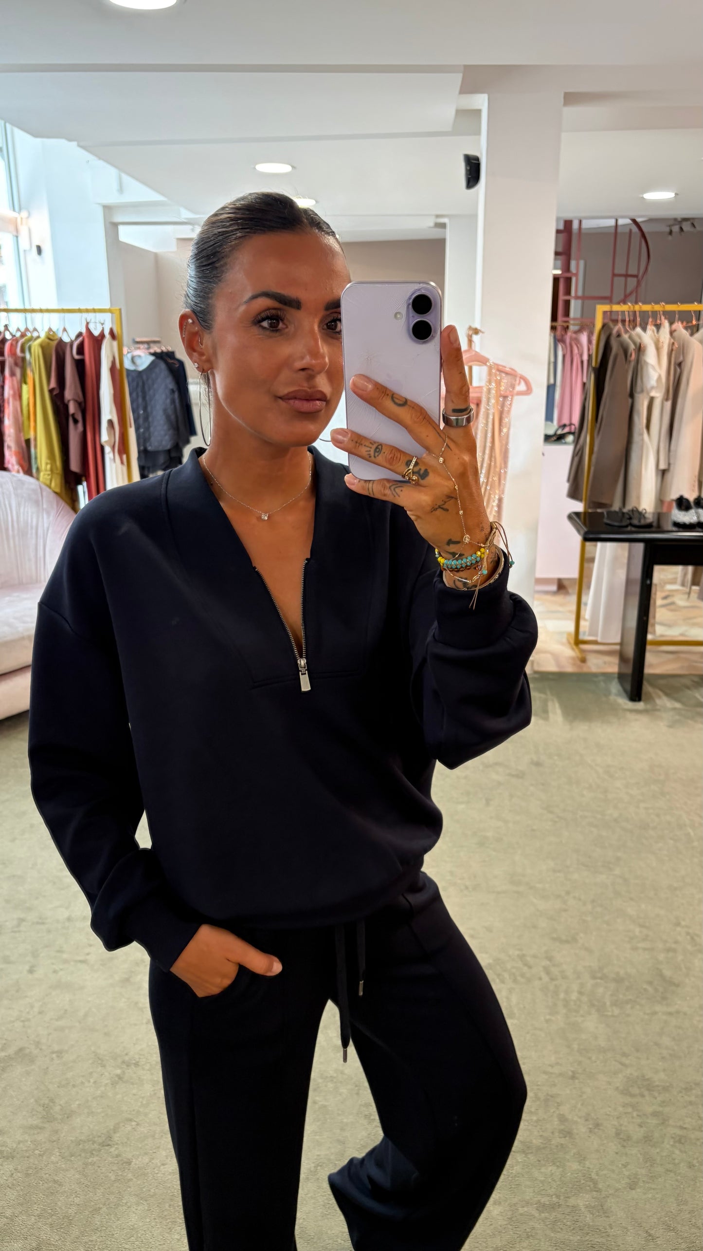 Felpa scollo a v con zip blu notte in modal sy