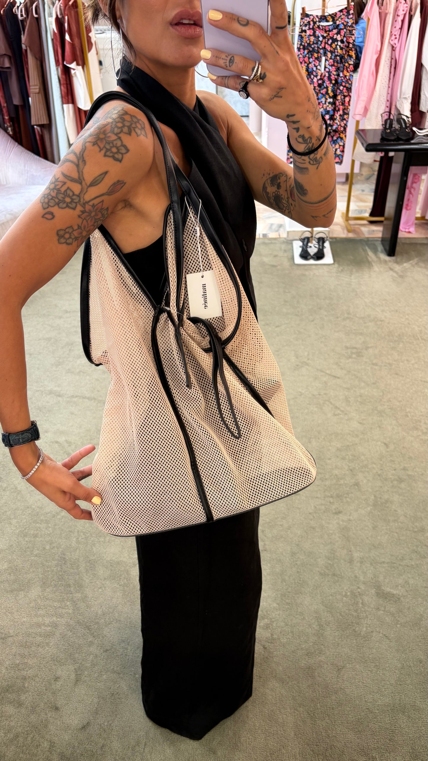 Borsa grande panna e nera a rete Matinée
