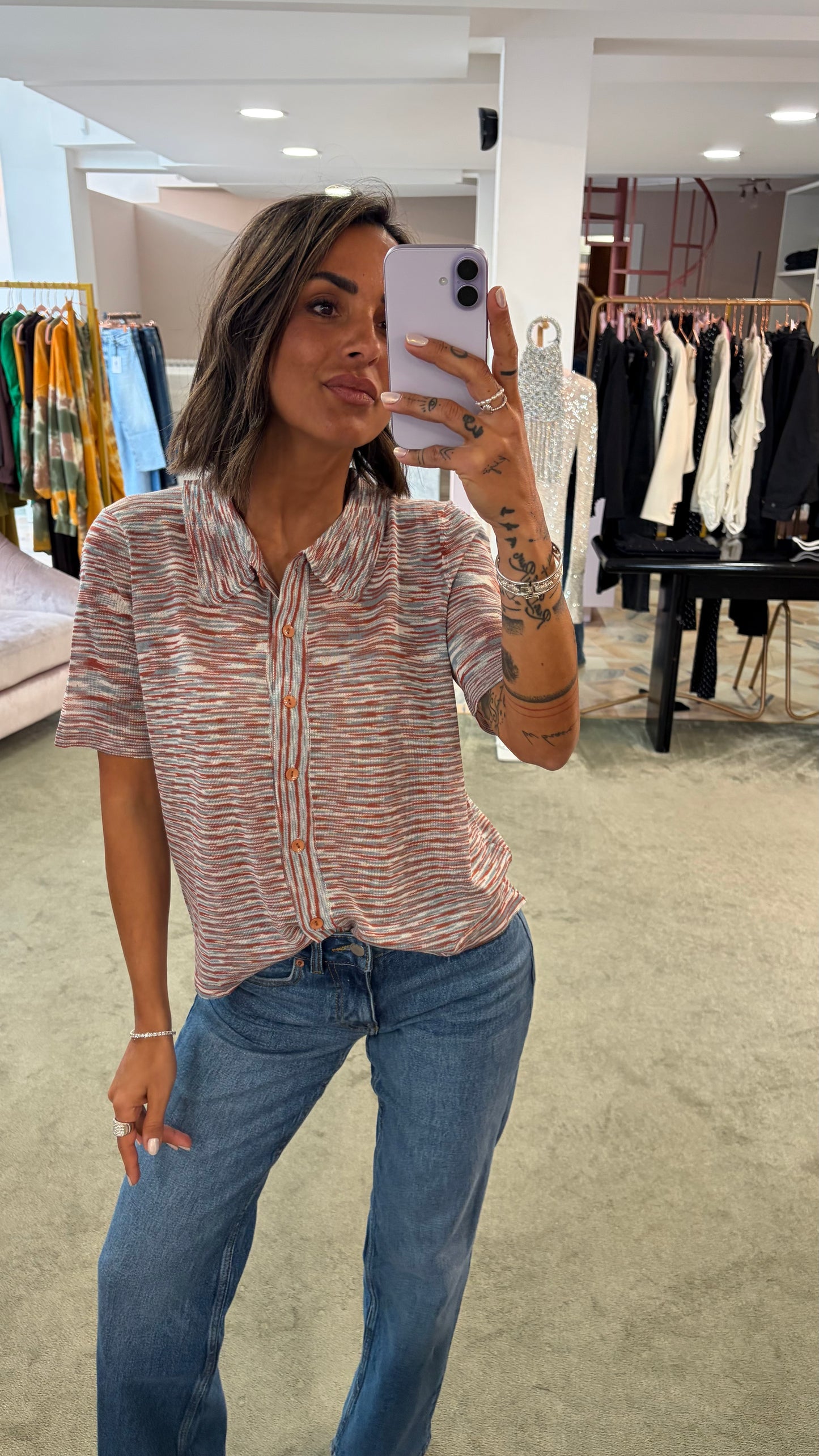 Polo camicia a righe multicolor con bottoncini apribili manica corta ay