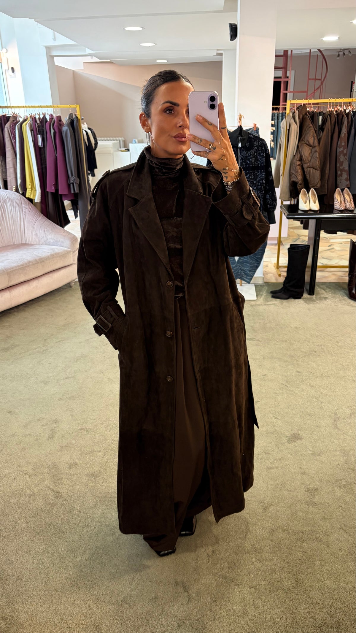 Trench marrone testa di moro lungo con cintura in pelle scamosciata Marsem