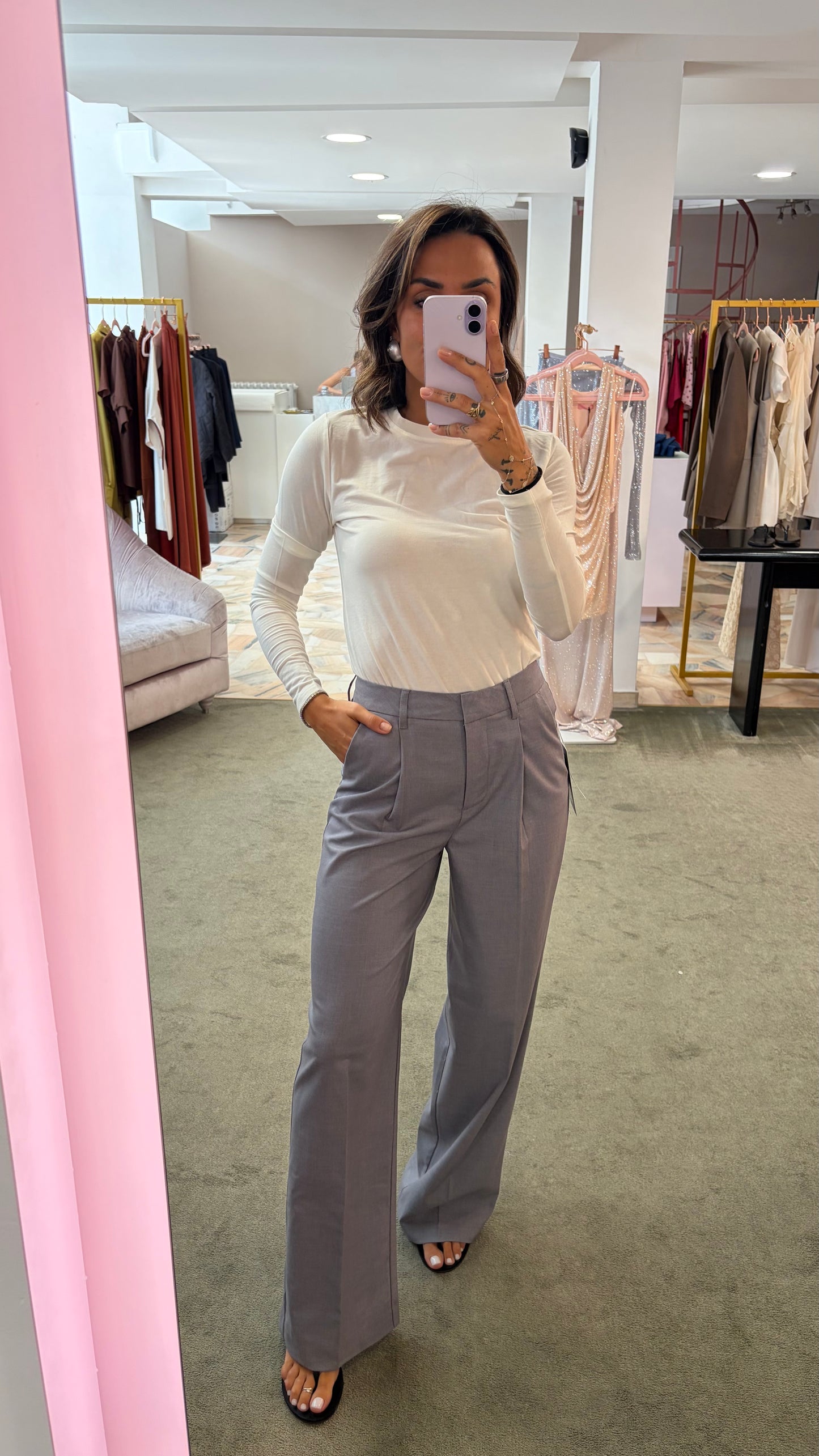 Pantaloni grigio ellis con pences wide leg jx