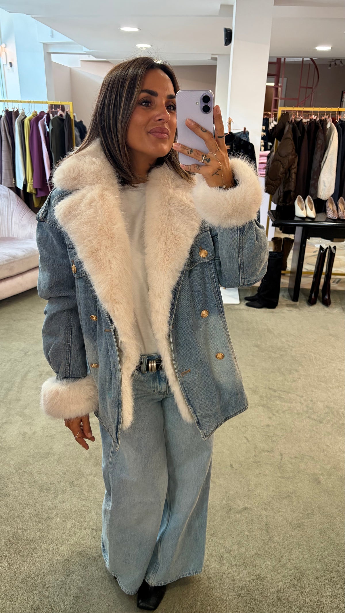 Giacca in denim con ecopelliccia panna fr