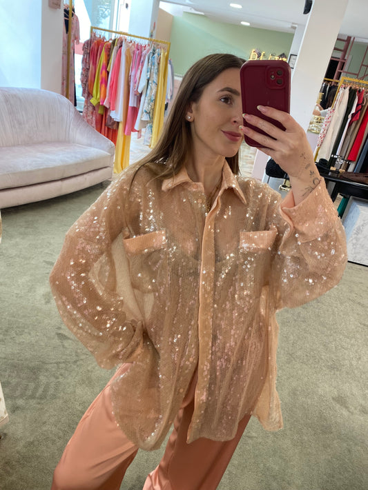 Camicia over rosa cipria con paillettes tw