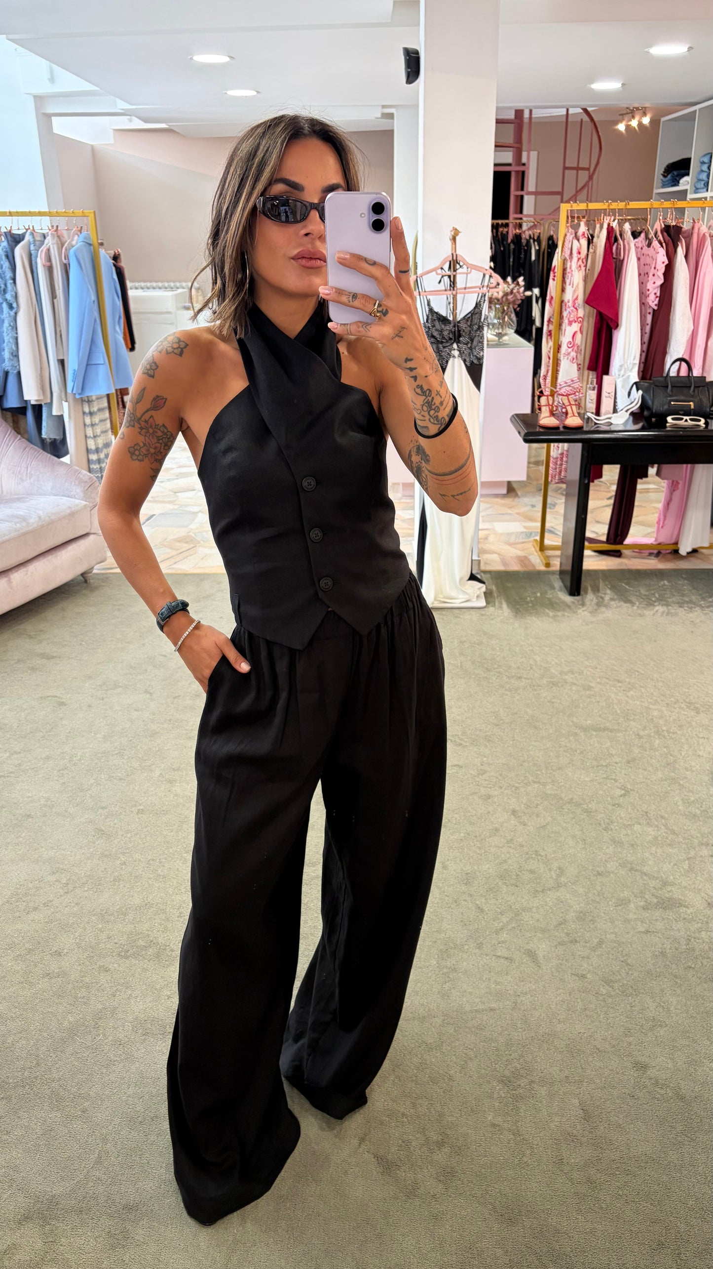 Pantaloni neri wide leg in lino Hinnominate
