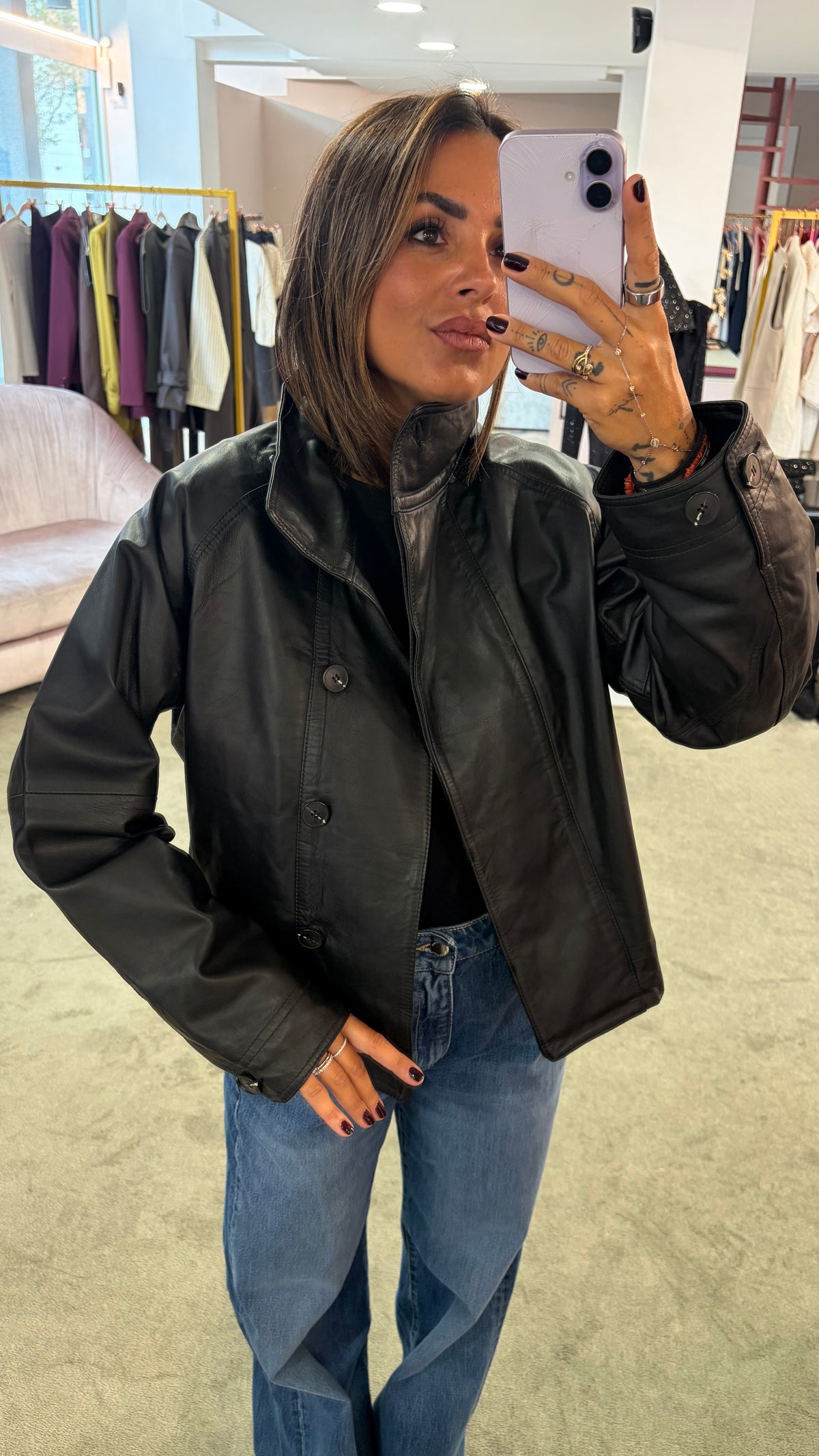Giacca aviator nero in pelle con elastico in vita sl