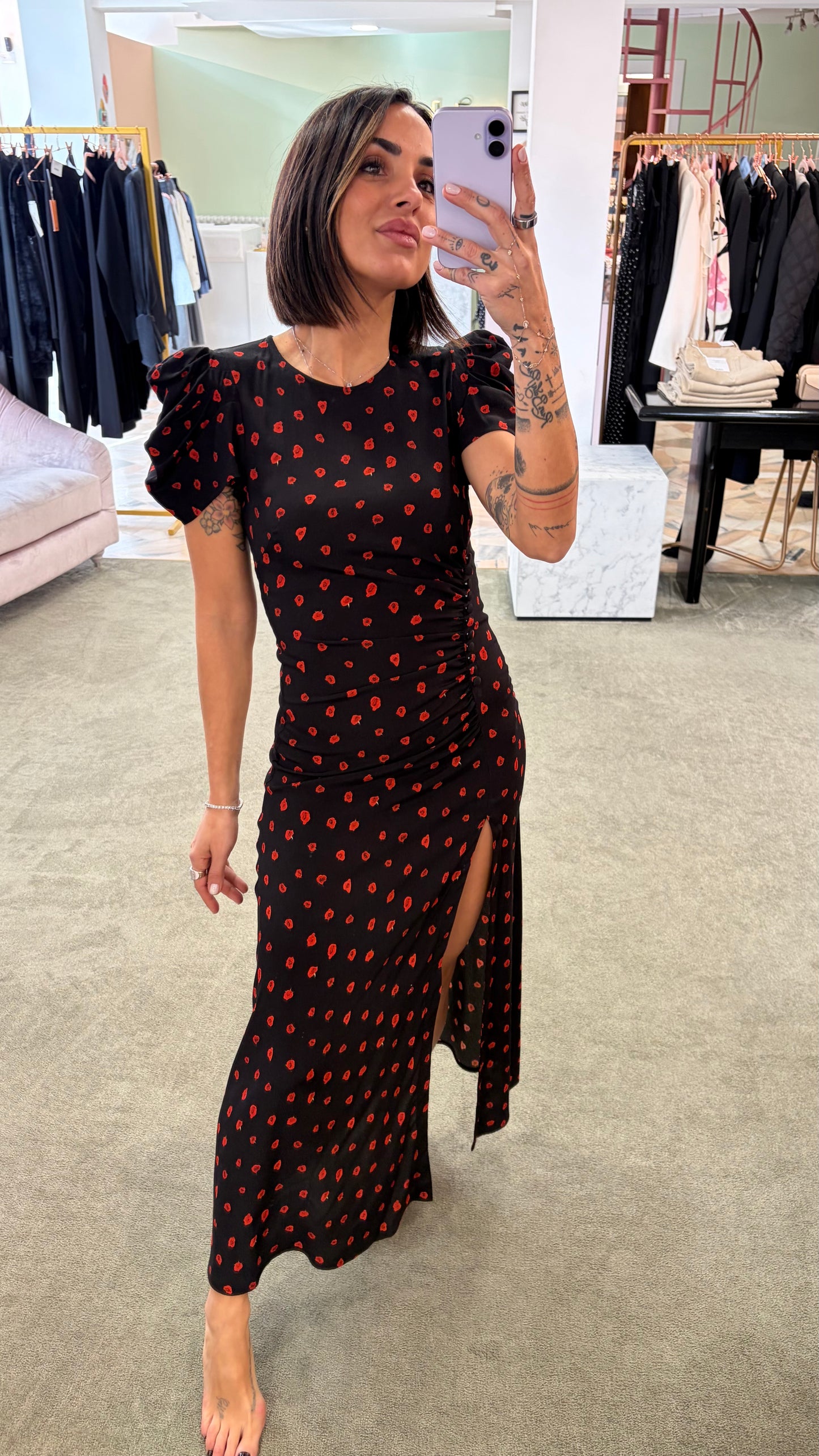 Abito kristel midi MAR DE MARGARITAS nero con fiorellini rossi