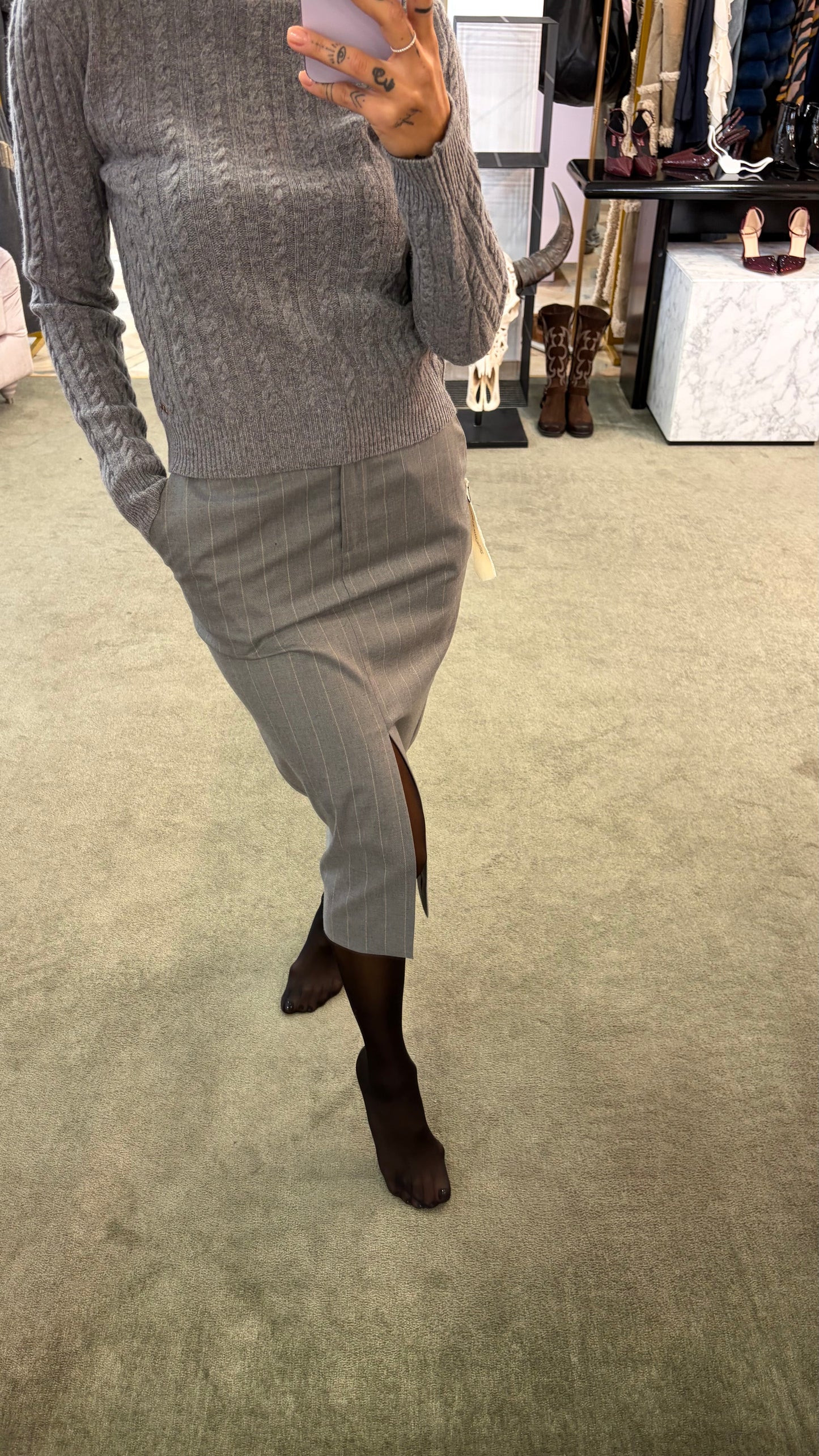 Gonna longuette MAR DE MARGARITAS grigia gessata con spacco