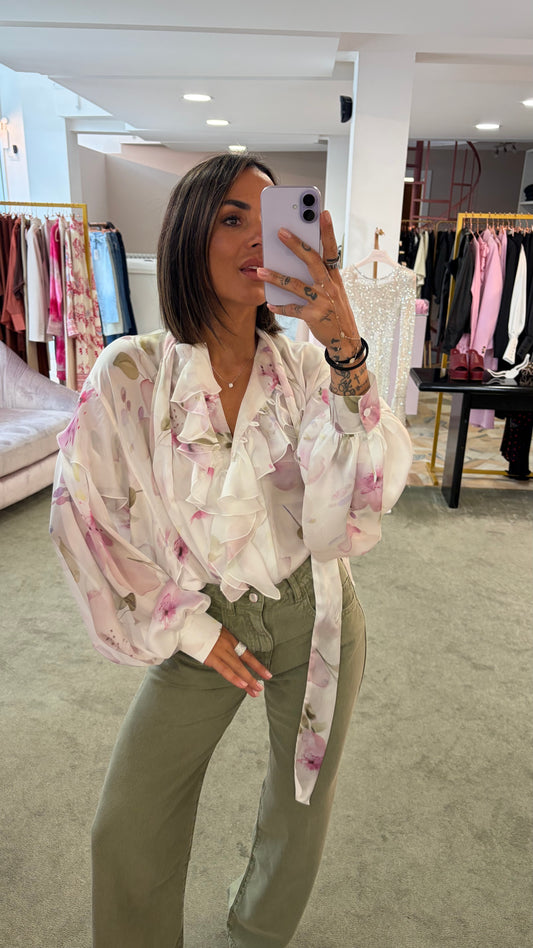 Camicia fiori con sciarpina e volant Actualee