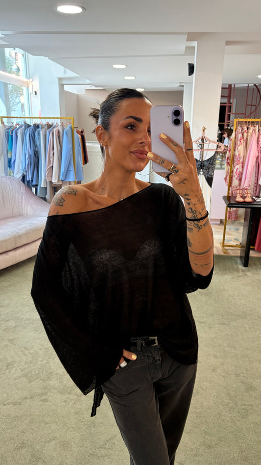 Maglia nera scollo a barca in lino fy
