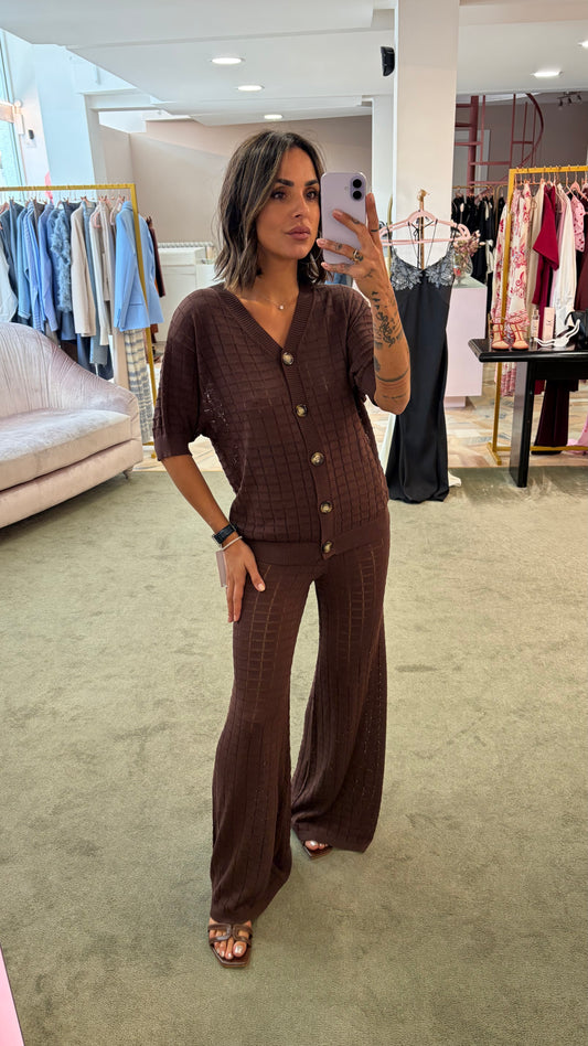Set cardigan e pantaloni caffè traforato gl