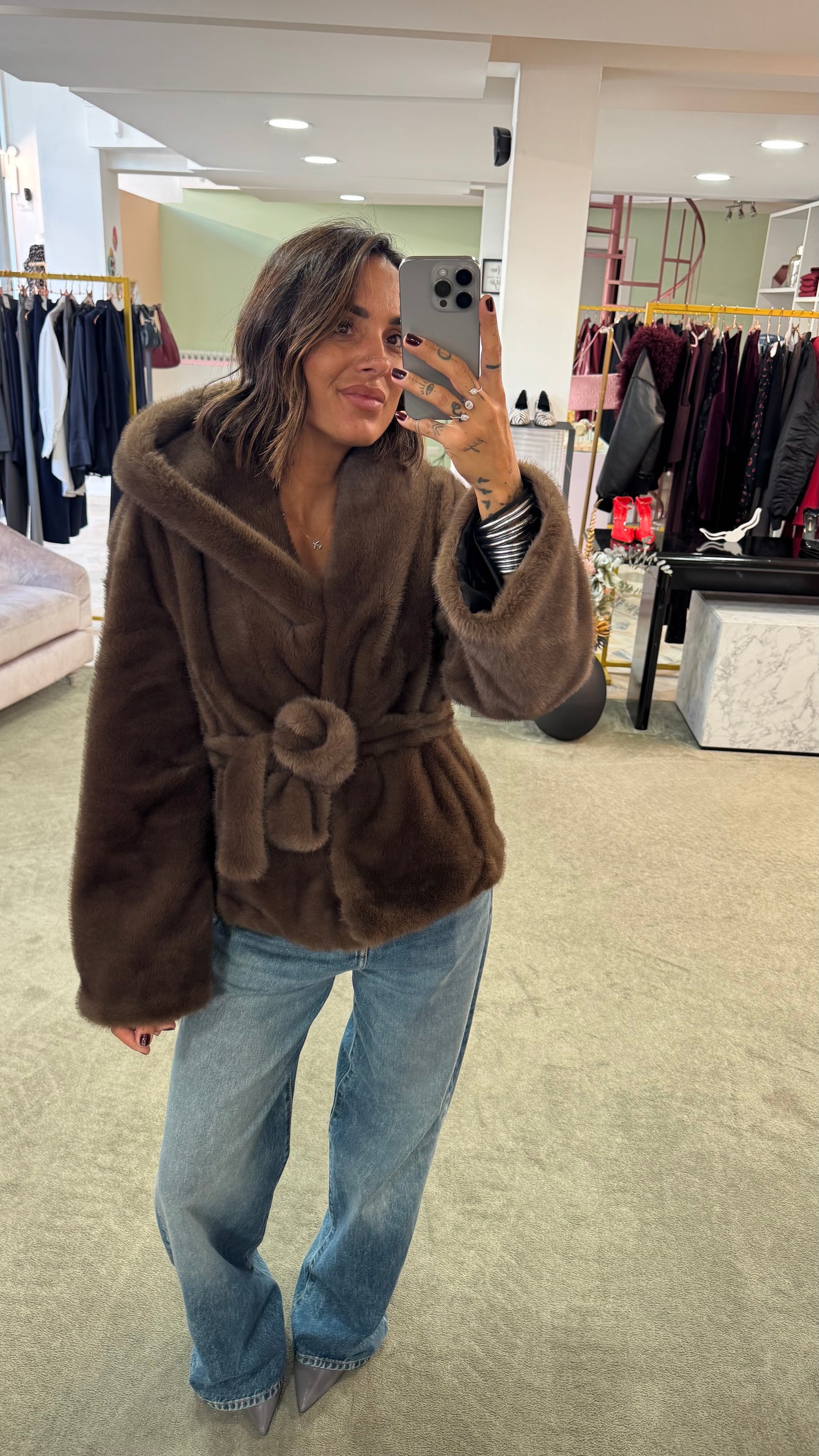 Pelliccia eco marrone luxury con cappuccio ys