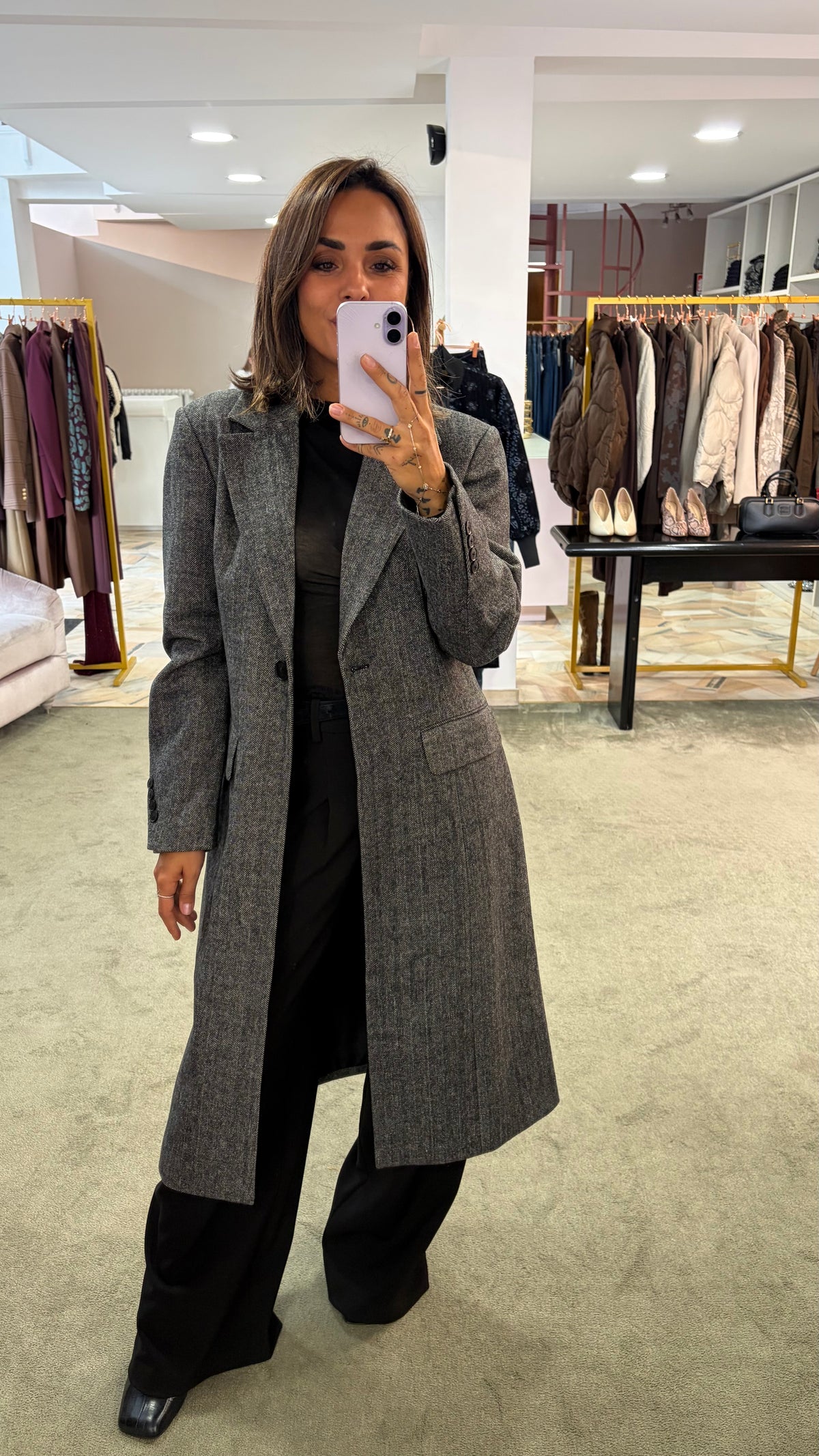 Cappotto spigato nero e bianco aw
