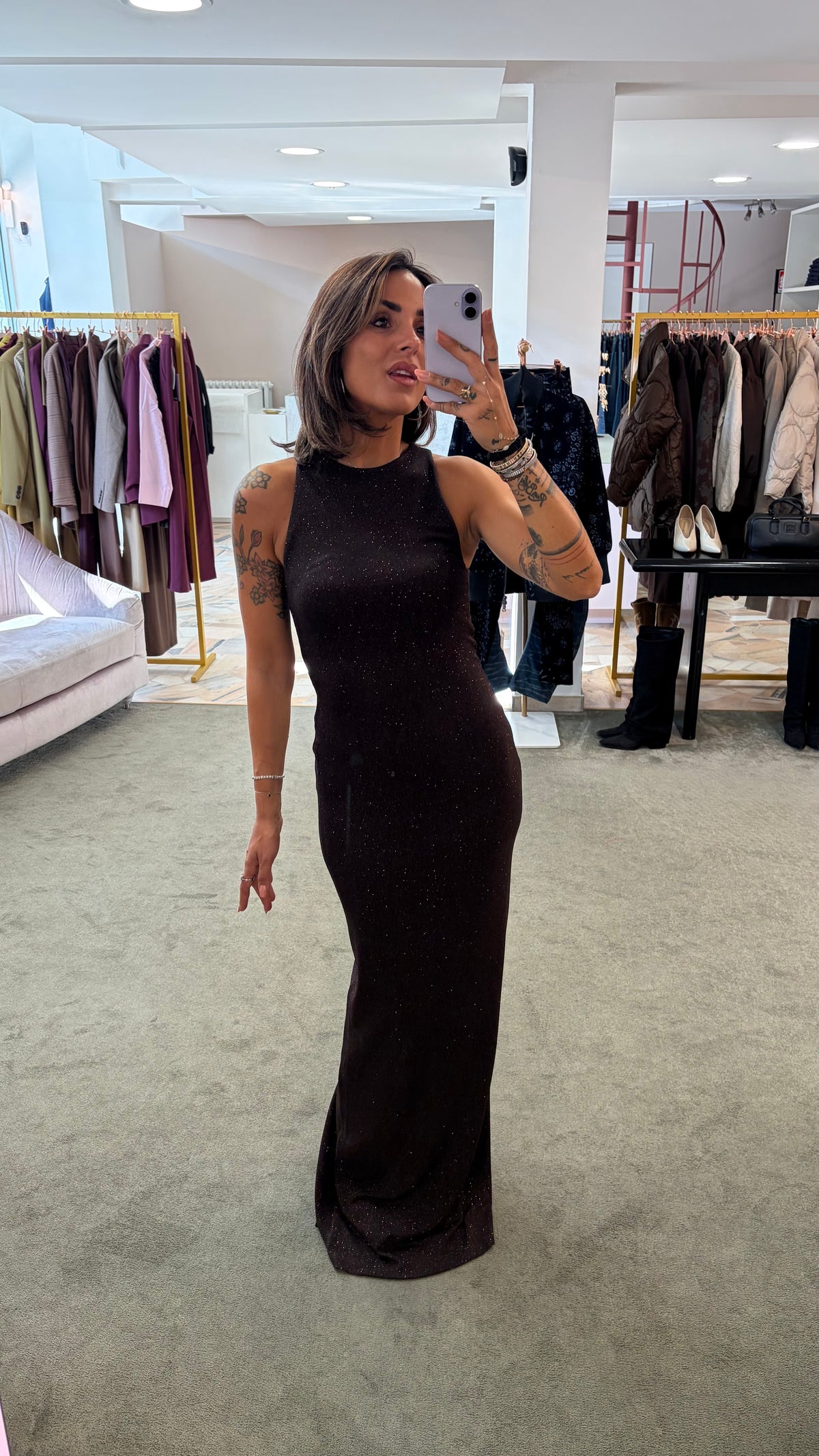 Abito lungo marrone lurex scollo all'americana ks