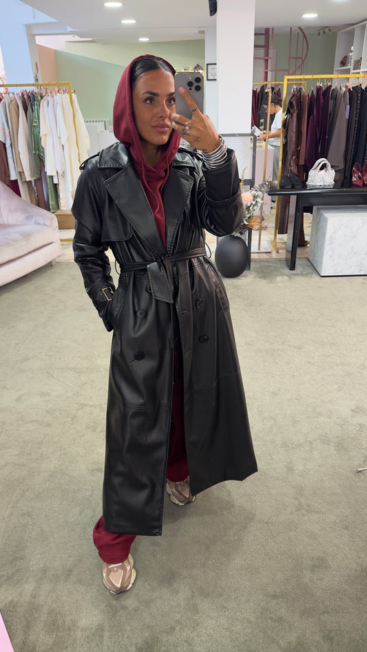 Trench nero lungo in ecopelle fr