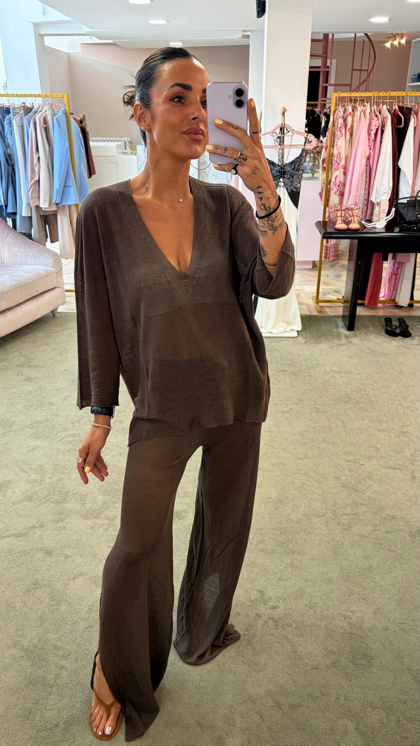 Pantaloni marrone cacao in lino fy