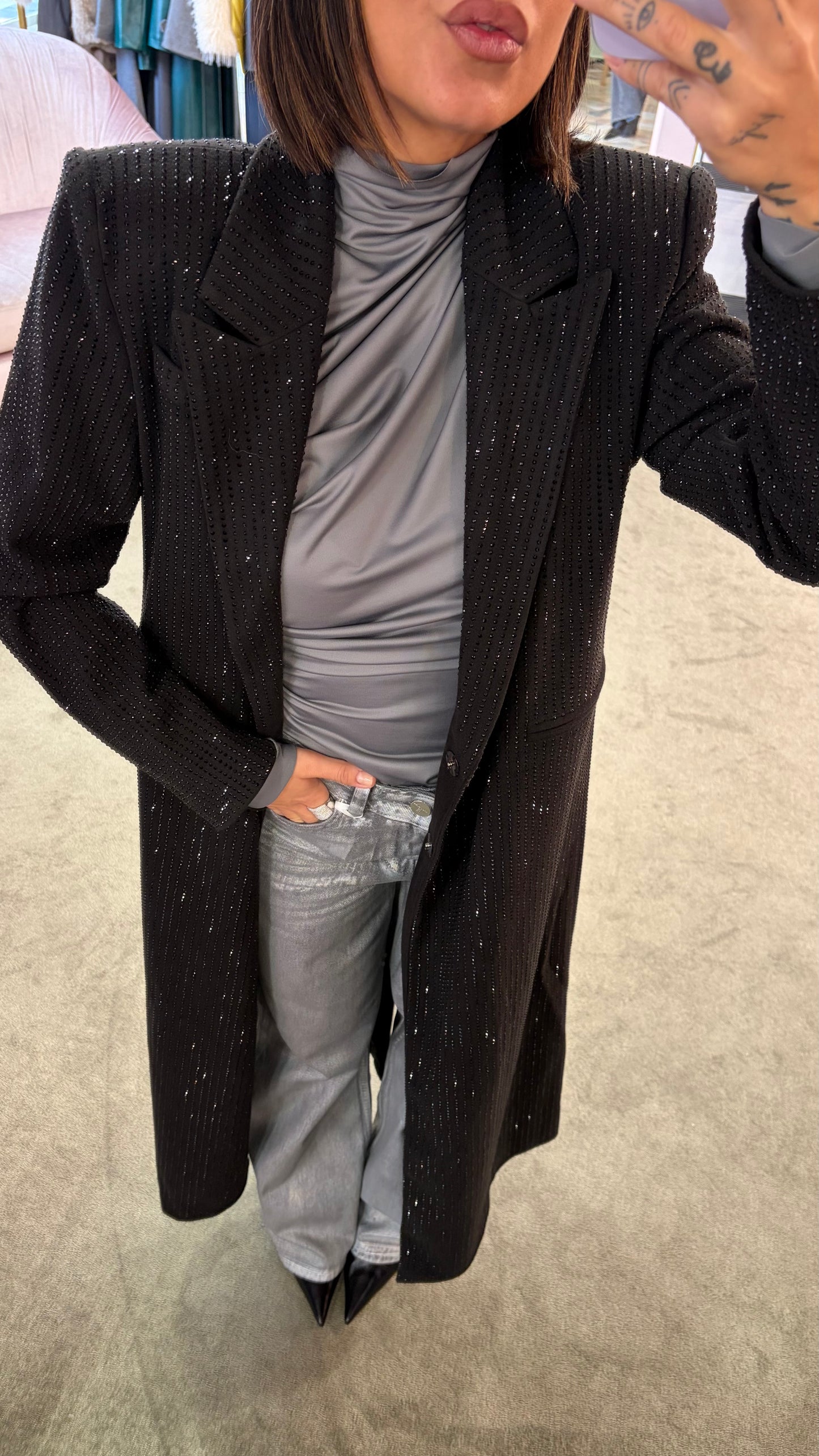 Cappotto lungo nero cristalli tw