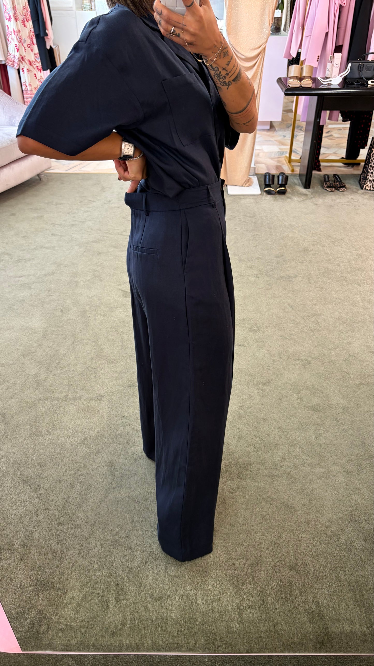 Pantaloni blu notte a palazzo con pences sl