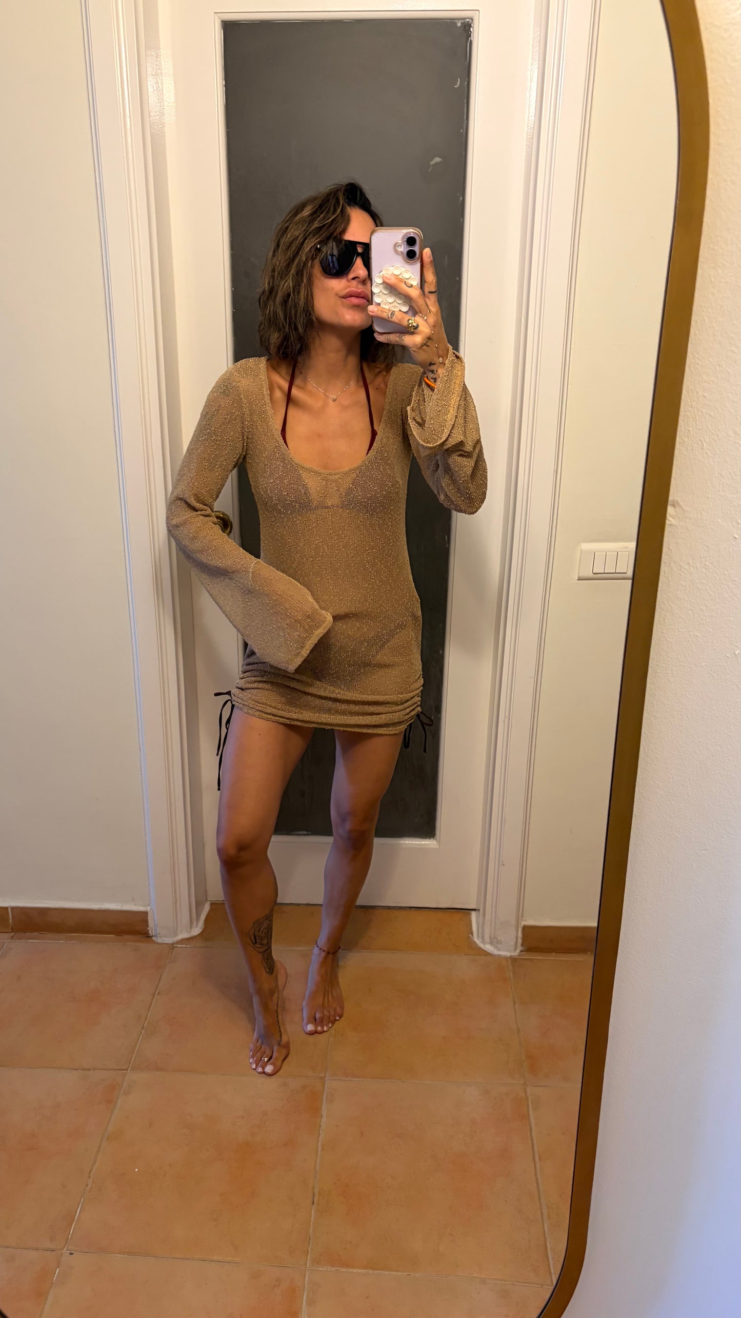 Abito corto beige in maglia trasparente Me Fui