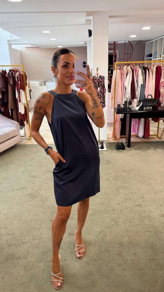 Abito corto blu notte scollo all'americana in satin ay