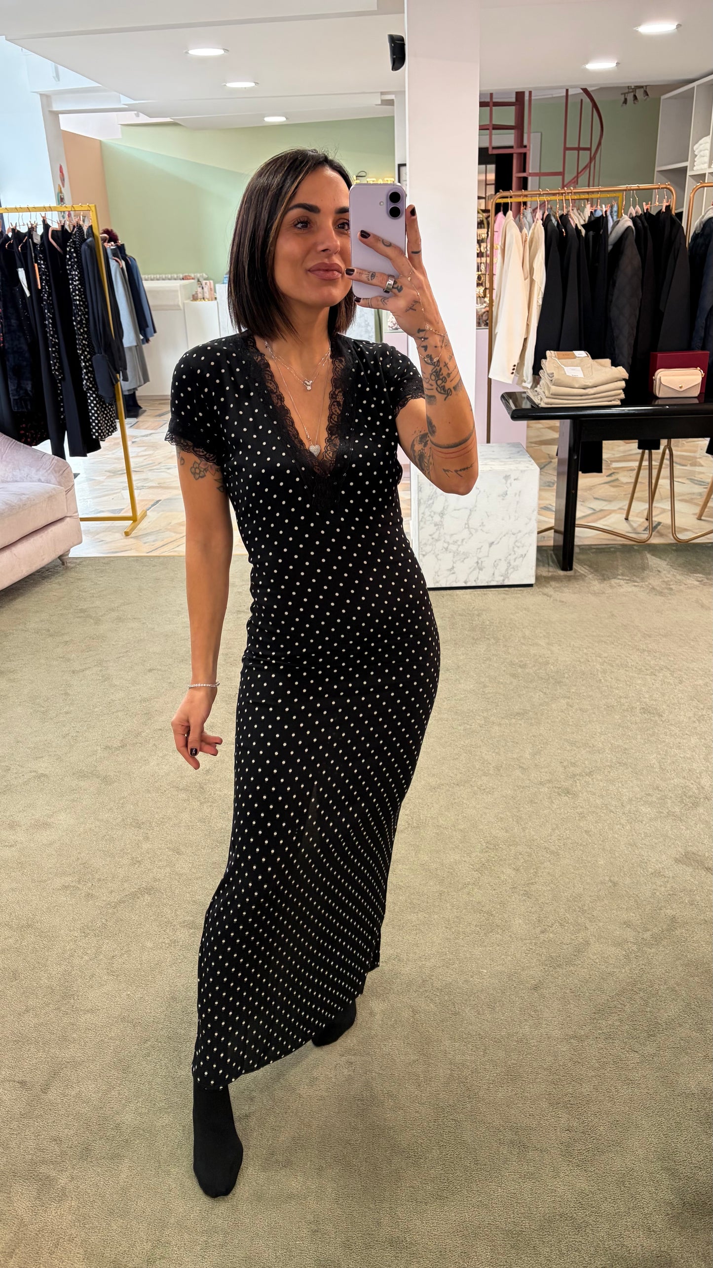 Abito raya midi MAR DE MARGARITAS nero a pois con pizzo