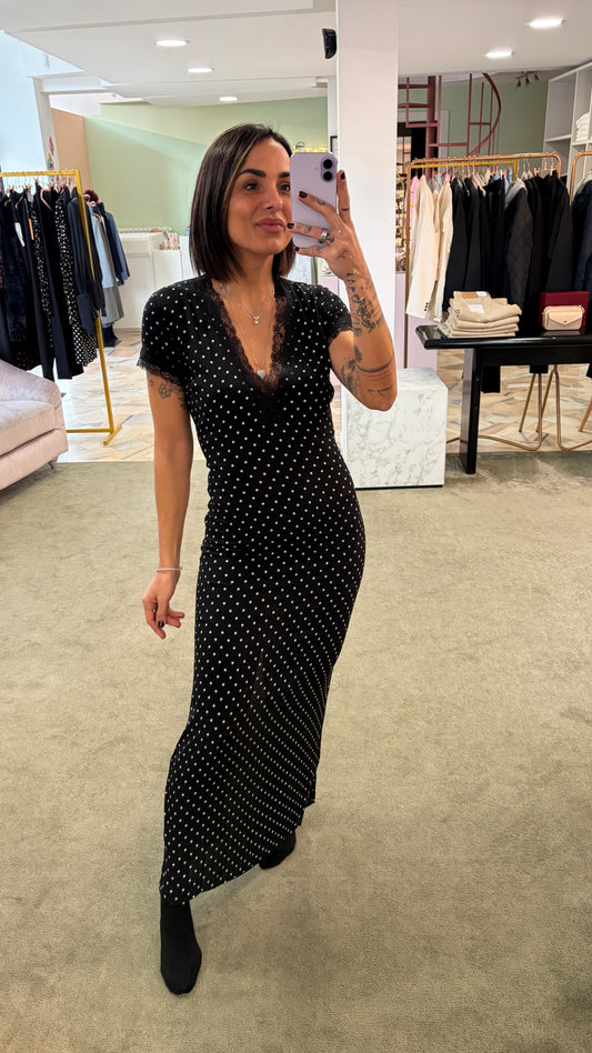 Abito raya midi MAR DE MARGARITAS nero a pois con pizzo