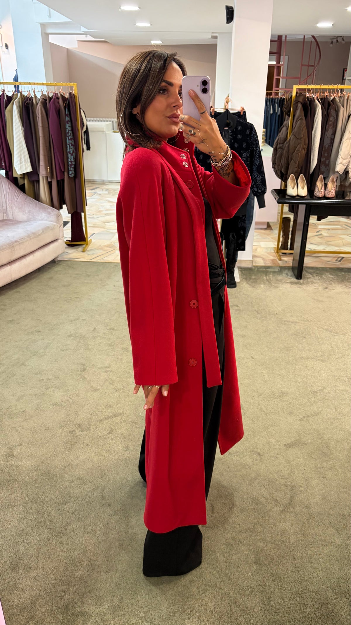 Cappotto lungo rosso con cintura Actualee