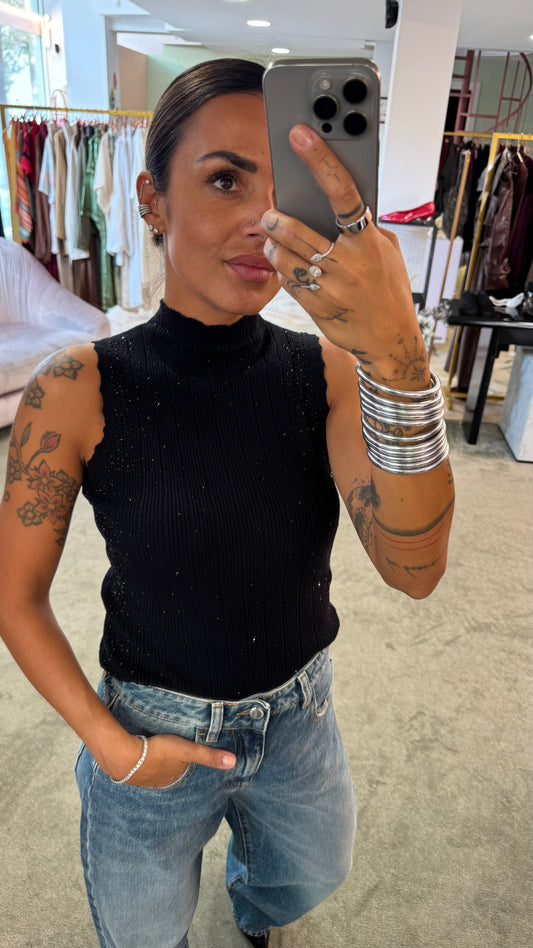 Lupetto smanicato nero con cristalli a costine fr