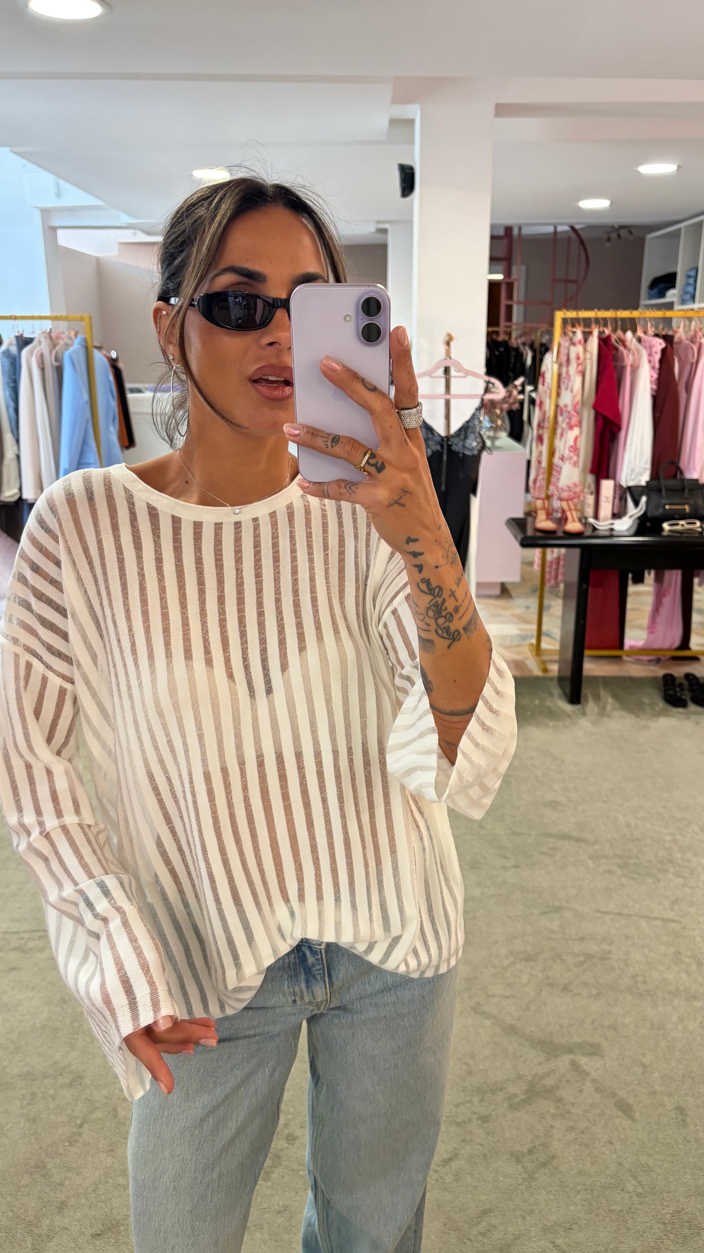 Maglia bianca maniche lunghe a righe trasparente bj